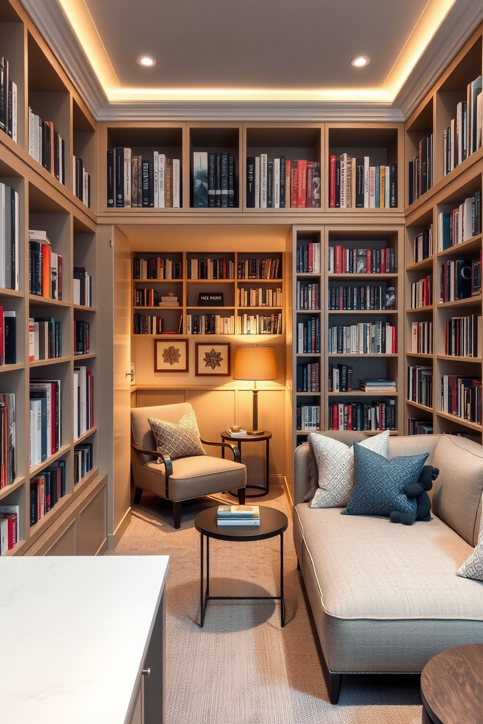 A cozy basement retreat with soft ambient lighting. There are plush seating arrangements surrounded by indoor plants, adding a touch of freshness to the space. The walls are painted in a light neutral tone to create an airy feel. A small coffee table sits in the center, adorned with decorative books and a few vibrant potted plants.