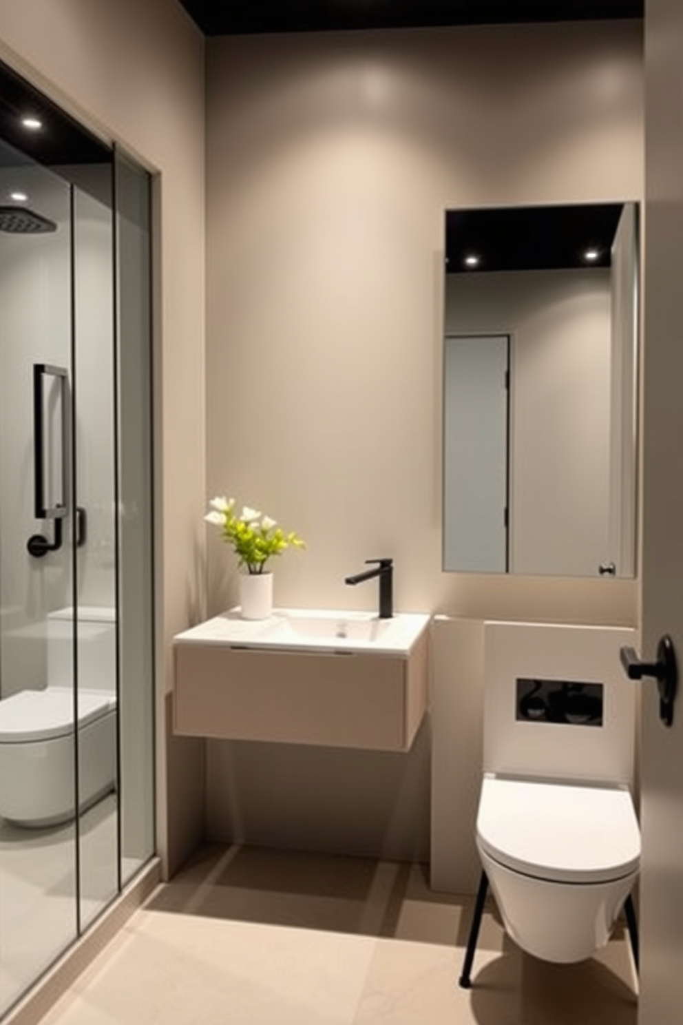 A modern bathroom featuring sleek fixtures and clean lines. The space includes a floating vanity with a quartz countertop and minimalist faucet. For the small basement design, create a cozy yet functional area that maximizes space. Incorporate multi-purpose furniture and soft lighting to enhance the atmosphere.