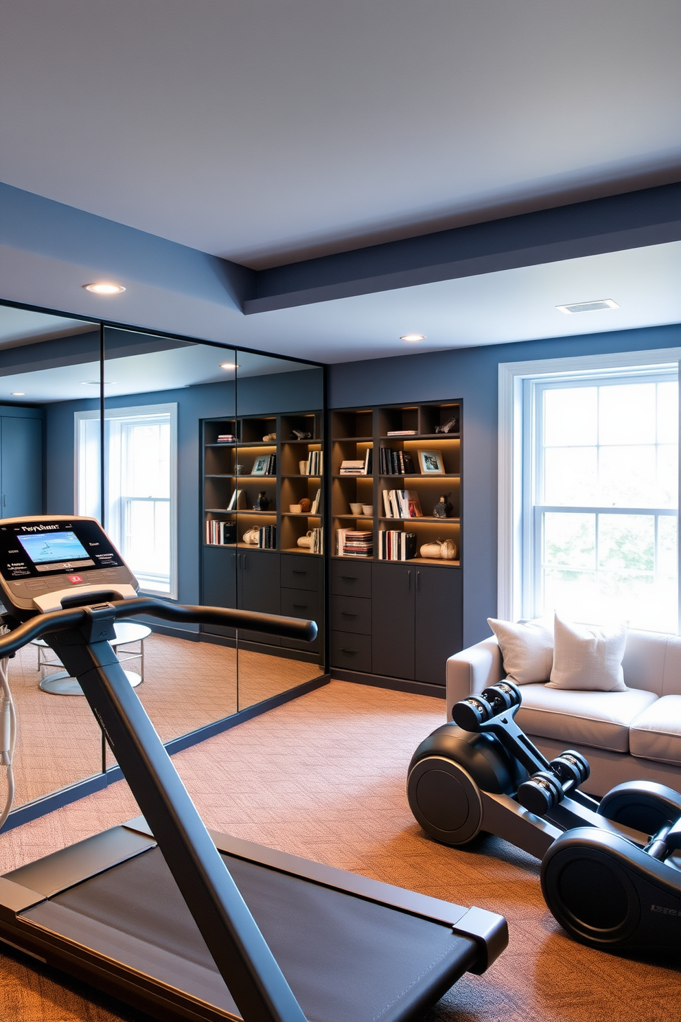 A stylish home gym features sleek exercise equipment including a modern treadmill and a set of free weights. The walls are painted in a calming blue hue, and large mirrors reflect the natural light coming from a nearby window. Small basement design ideas include a cozy lounge area with a plush sofa and a compact coffee table. Soft lighting creates an inviting atmosphere, while built-in shelves display books and decorative items.