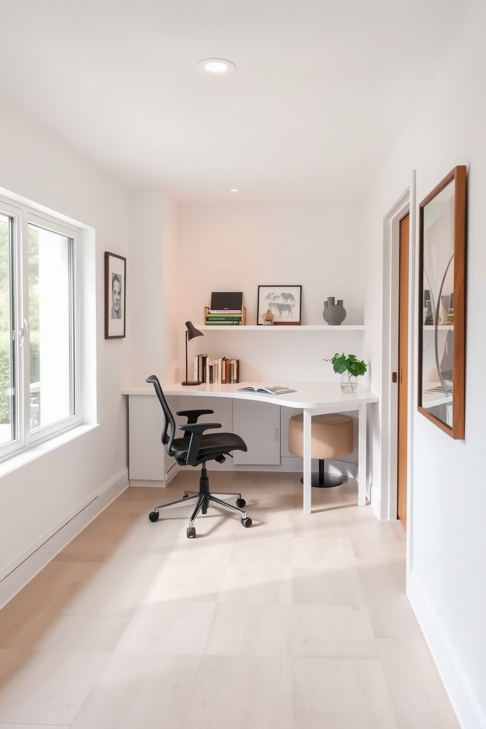 A cozy basement kitchenette area designed for functionality and style. It features a compact wooden countertop with a built-in sink and a small refrigerator tucked underneath, complemented by open shelving for easy access to kitchen essentials. The walls are painted in a warm beige tone, enhancing the inviting atmosphere. A stylish bar stool sits at the counter, providing a perfect spot for casual meals or drinks with friends.