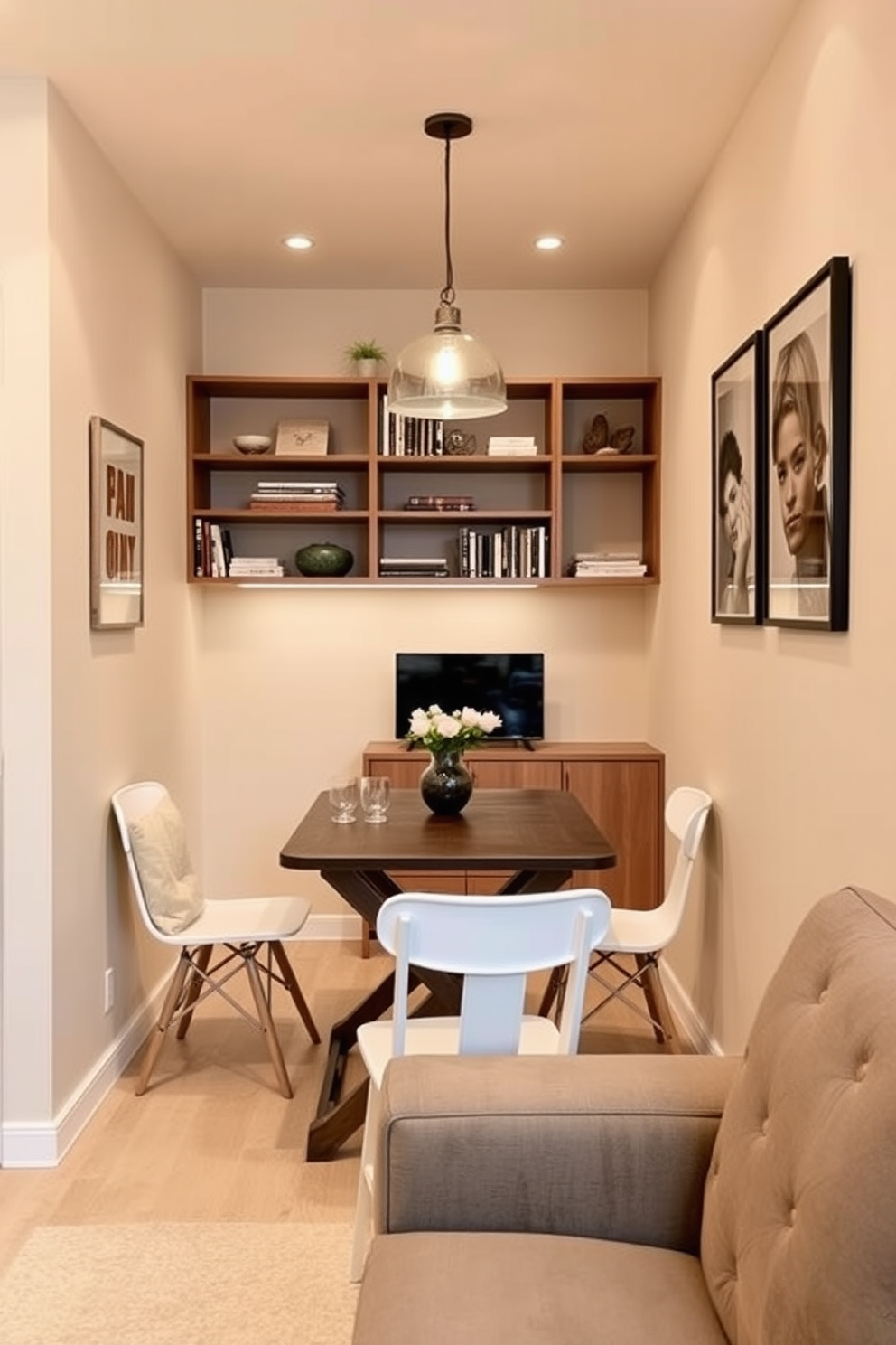 A cozy small dining area features a foldable table that can comfortably seat four. The walls are painted in a warm cream color, and a pendant light hangs above the table, adding a touch of elegance. The small basement design incorporates a multifunctional space with a comfortable seating area and a small entertainment unit. Soft lighting enhances the inviting atmosphere, while shelves filled with books and decor add personality to the space.