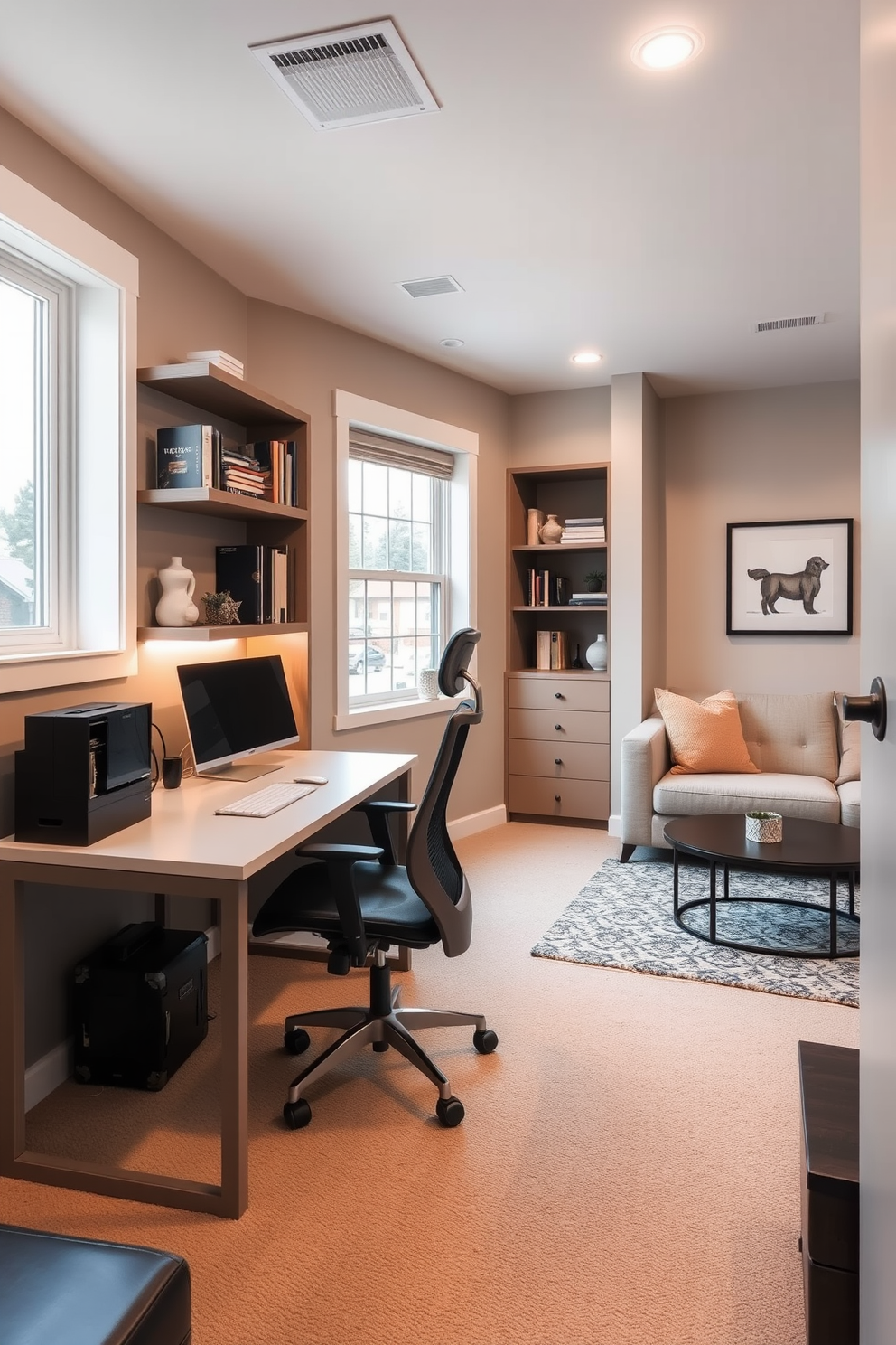 A multi-functional home office space features a sleek desk positioned near a window, providing ample natural light. A comfortable ergonomic chair complements the workspace, while shelves filled with books and decor add personality to the room. The small basement design incorporates a cozy seating area with a plush sofa and a coffee table, creating a perfect spot for relaxation. Soft lighting fixtures and warm color tones enhance the inviting atmosphere, while clever storage solutions keep the space organized and clutter-free.