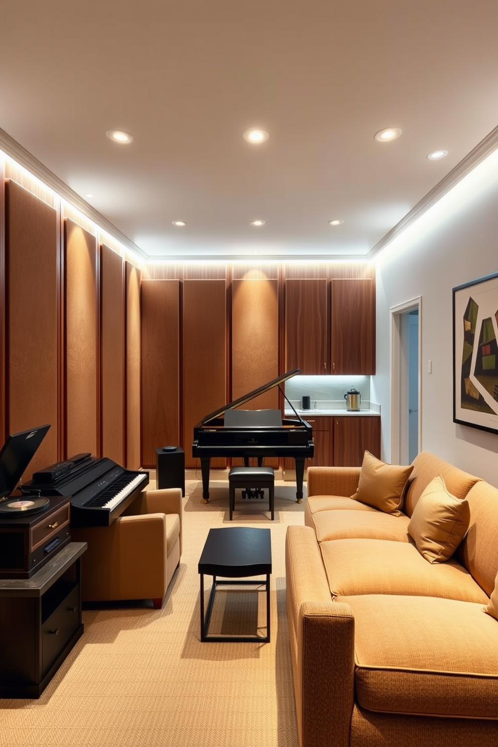 Elegant music room with soundproofing. The walls are lined with rich wood paneling and acoustic panels, creating a warm and inviting atmosphere. A grand piano sits at the center, surrounded by plush seating and a vintage record player. Soft lighting illuminates the space, enhancing the cozy yet sophisticated vibe. Small basement design ideas. The area features a multifunctional layout with a modern sofa bed and a compact kitchenette for entertaining. Light-colored walls and strategic lighting make the space feel larger, while stylish storage solutions keep it organized and clutter-free.