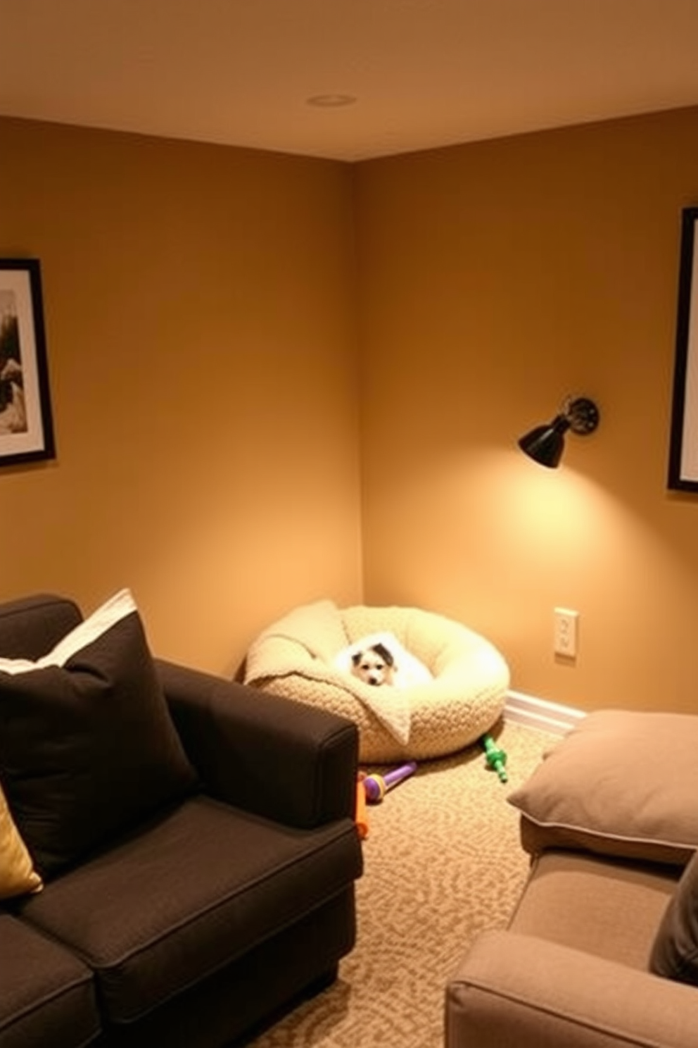 Charming pet corner with cozy bed. A plush pet bed is nestled in a corner, surrounded by soft blankets and a few colorful toys scattered around. Small Basement Design Ideas. The basement features a warm color palette with comfortable seating, a small coffee table, and strategically placed lighting to create an inviting atmosphere.