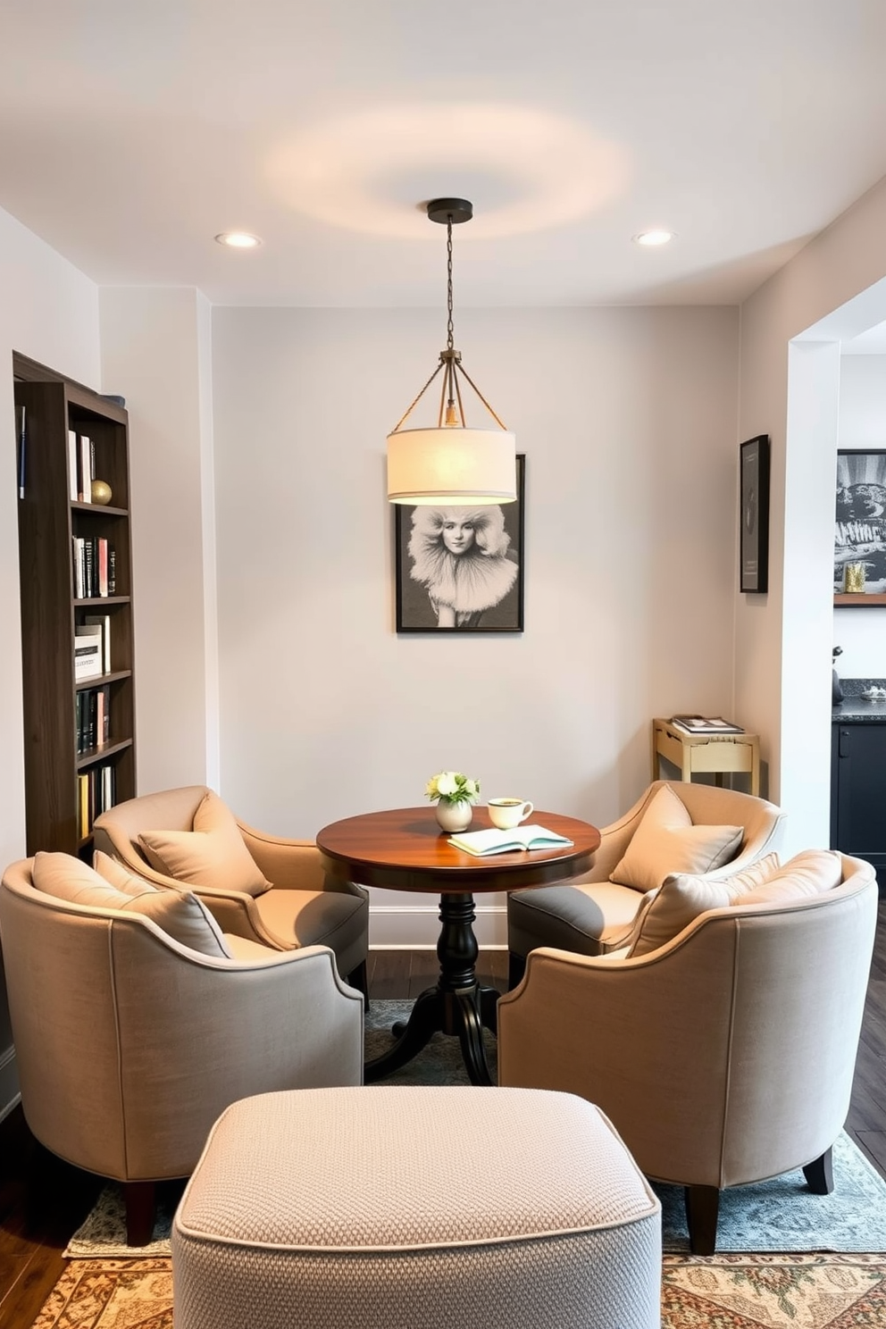 Inviting coffee nook with comfy chairs. The nook features a round wooden table surrounded by two plush armchairs upholstered in soft fabric. Soft lighting from a stylish pendant lamp creates a warm and cozy atmosphere. A small bookshelf filled with books and decorative items is placed against the wall, enhancing the inviting feel of the space. Small basement design ideas. The basement is transformed into a multifunctional area with a cozy seating arrangement and a small bar cart for entertaining guests. Light-colored walls and strategic lighting brighten the space, making it feel larger and more welcoming. A rug adds warmth and defines the seating area, creating a perfect spot for relaxation.