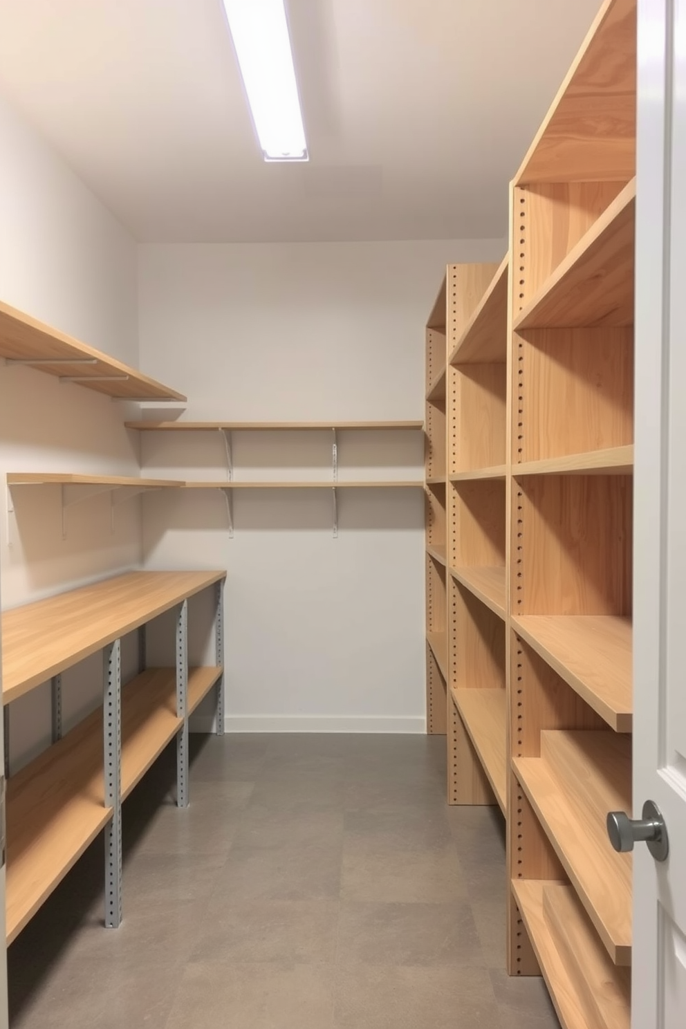 A functional storage room designed with multiple shelving units that maximize space efficiency. The walls are painted in a light neutral color, and the floor is covered with durable vinyl for easy maintenance. The shelving units are made of sturdy wood, arranged in a way that allows for easy access to stored items. Soft overhead lighting illuminates the room, creating a bright and organized atmosphere.