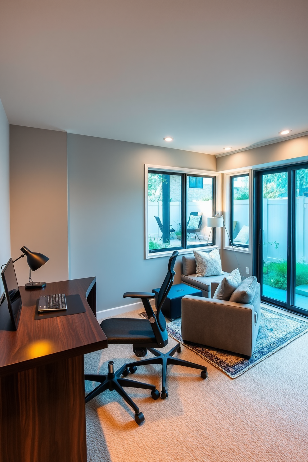 A cozy basement living area featuring bright artwork that adds vibrancy to the walls. The space includes a comfortable sectional sofa and a coffee table with decorative books and a plant. In one corner, a small bar area with sleek stools complements the design. Soft lighting fixtures create a warm ambiance, making the basement feel inviting and stylish.