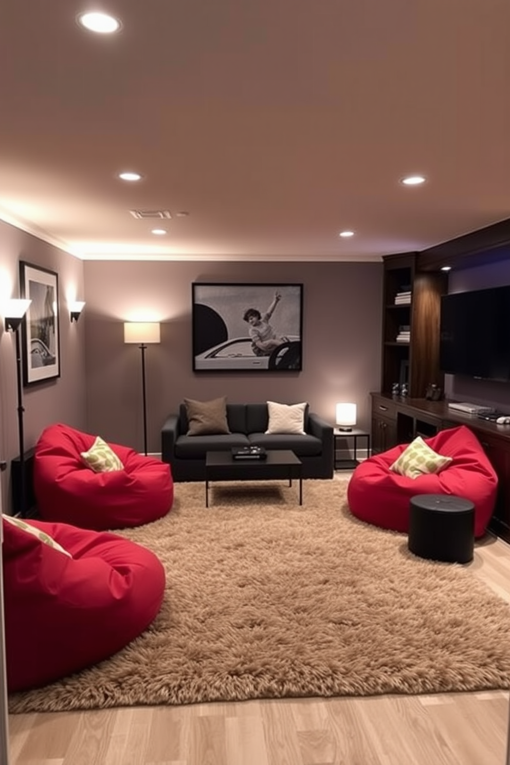 Cozy movie corner with bean bags. The space features a large, plush area rug that anchors the seating, with soft lighting from floor lamps creating a warm atmosphere. Small basement design ideas. The design includes a multifunctional layout with a compact sofa, a small coffee table, and built-in shelves to maximize storage while maintaining an inviting feel.