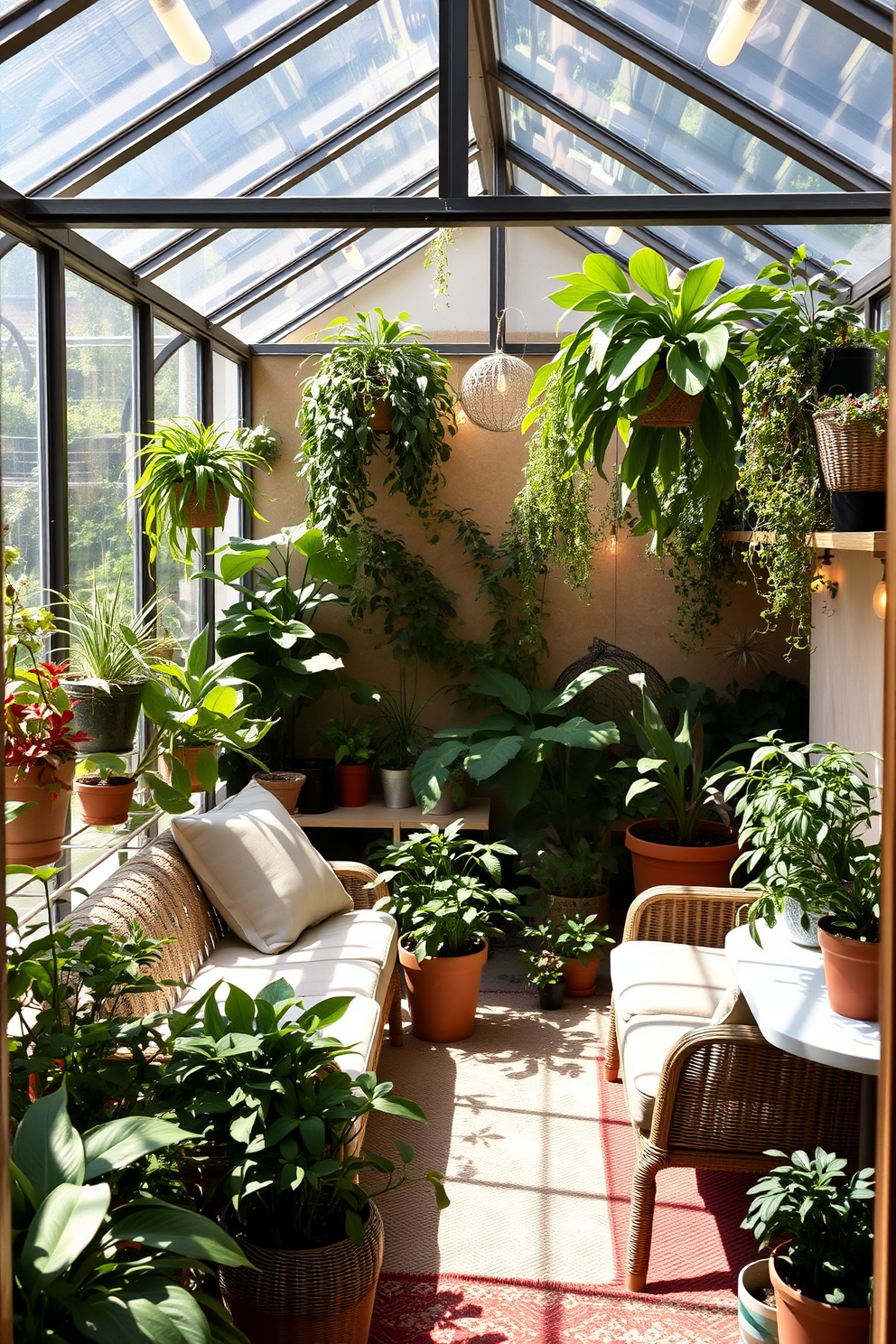 A cozy small greenhouse filled with a variety of indoor plants. Sunlight filters through the glass panels, creating a warm atmosphere for the vibrant greenery. A stylish basement design featuring a multifunctional layout. The space includes a comfortable seating area, a small bar, and decorative lighting that enhances the inviting ambiance.