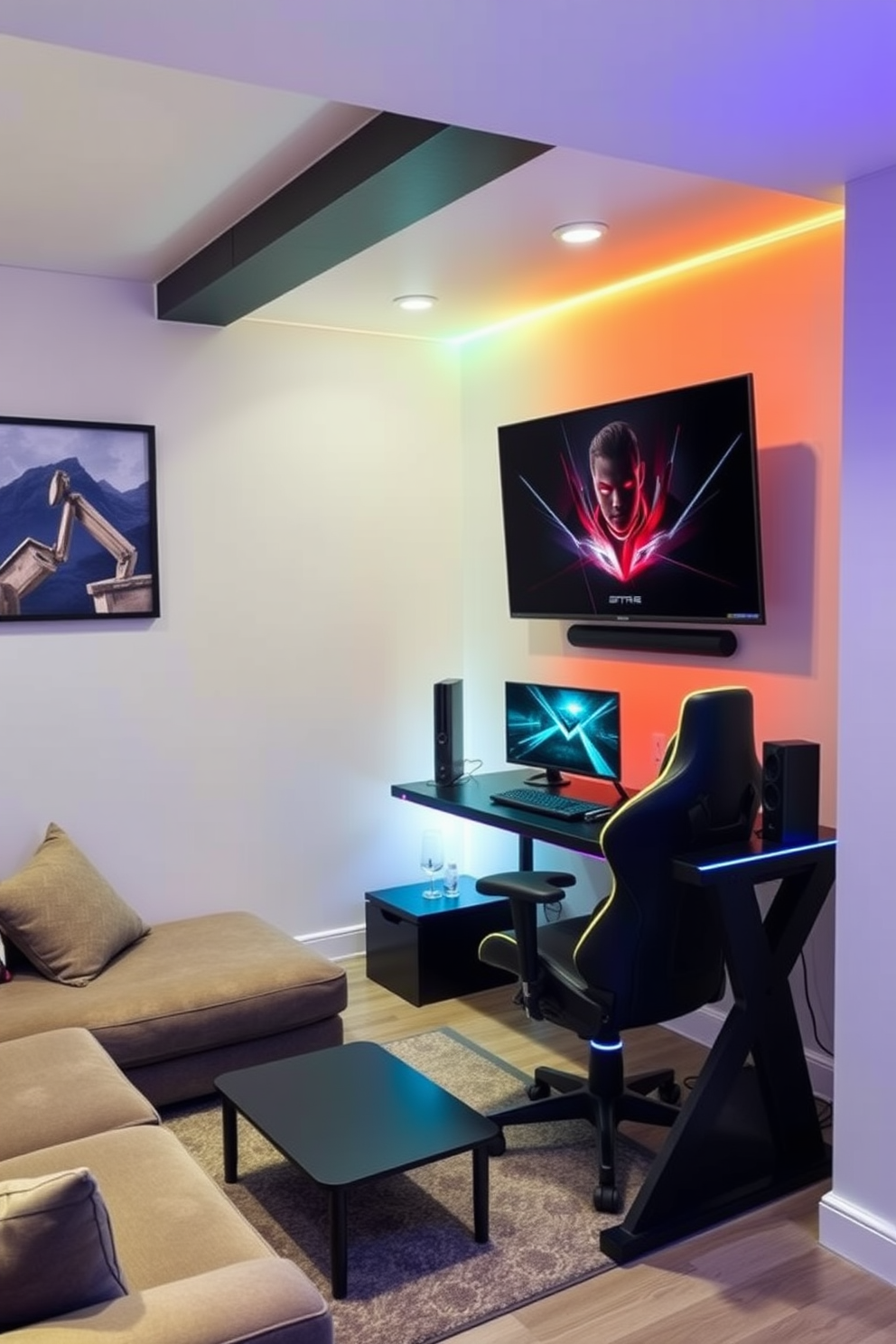 Trendy gaming corner with console setup. The space features a sleek black gaming desk with RGB lighting, a comfortable gaming chair, and a large monitor mounted on the wall. Small basement design ideas. The basement is transformed into a cozy lounge area with a sectional sofa, a coffee table, and soft ambient lighting, creating an inviting atmosphere for relaxation.