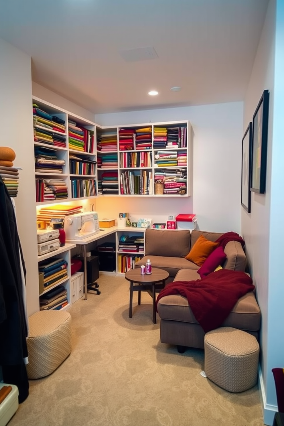 A compact sewing room filled with organized fabrics. The walls are painted in a soft white, and shelves are neatly arranged with colorful fabric bolts and sewing supplies. Small basement design ideas featuring a cozy lounge area. The space includes a plush sectional sofa, a small coffee table, and warm ambient lighting creating an inviting atmosphere.