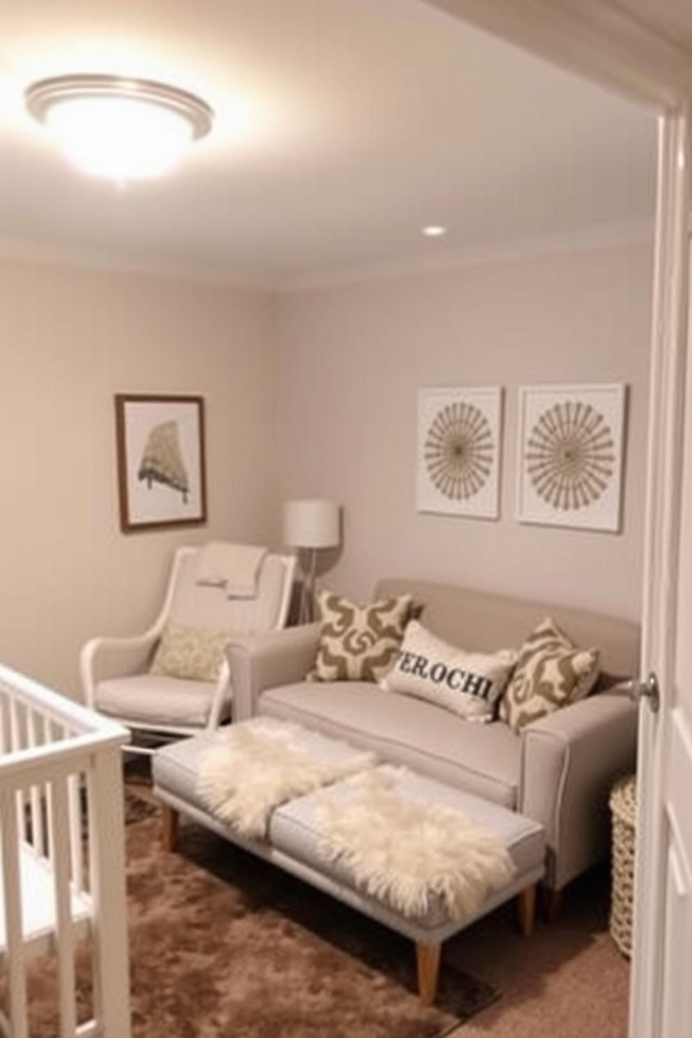 Chic nursery area with soft colors. The walls are painted in a gentle pastel hue, and there is a comfortable rocking chair in the corner beside a plush area rug. Small Basement Design Ideas. The space features a cozy seating arrangement with a stylish sectional sofa, complemented by warm lighting and decorative wall art to create an inviting atmosphere.