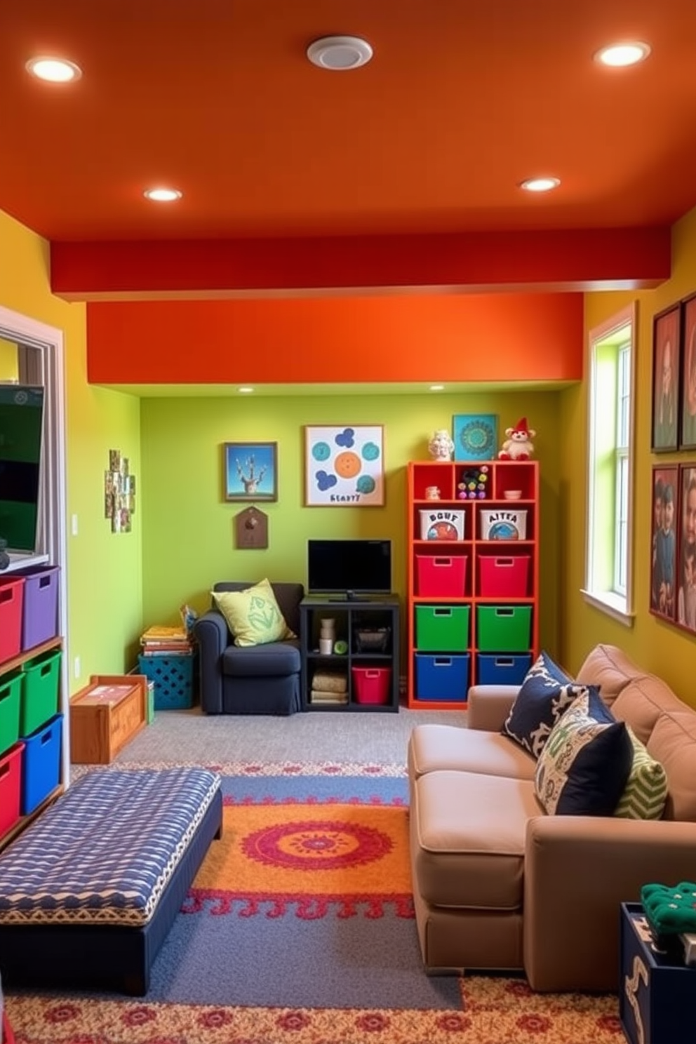 Bright playroom filled with vibrant colors and playful decor. The walls are painted in a cheerful hue, and there are various storage options like bins and shelves in primary colors for easy organization. Small basement designed to maximize space and functionality. Cozy seating arrangements are complemented by clever storage solutions, creating an inviting atmosphere for relaxation and entertainment.