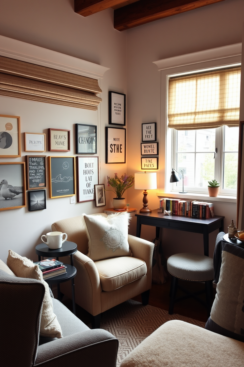 A cozy creative writing nook filled with inspiring decor. A plush armchair is positioned next to a large window, allowing natural light to flood the space, while a small side table holds a stack of books and a steaming cup of tea. In a small basement design, the area is transformed into a multifunctional space. Soft lighting illuminates a comfortable seating arrangement, and a small desk is tucked into a corner, perfect for work or relaxation.