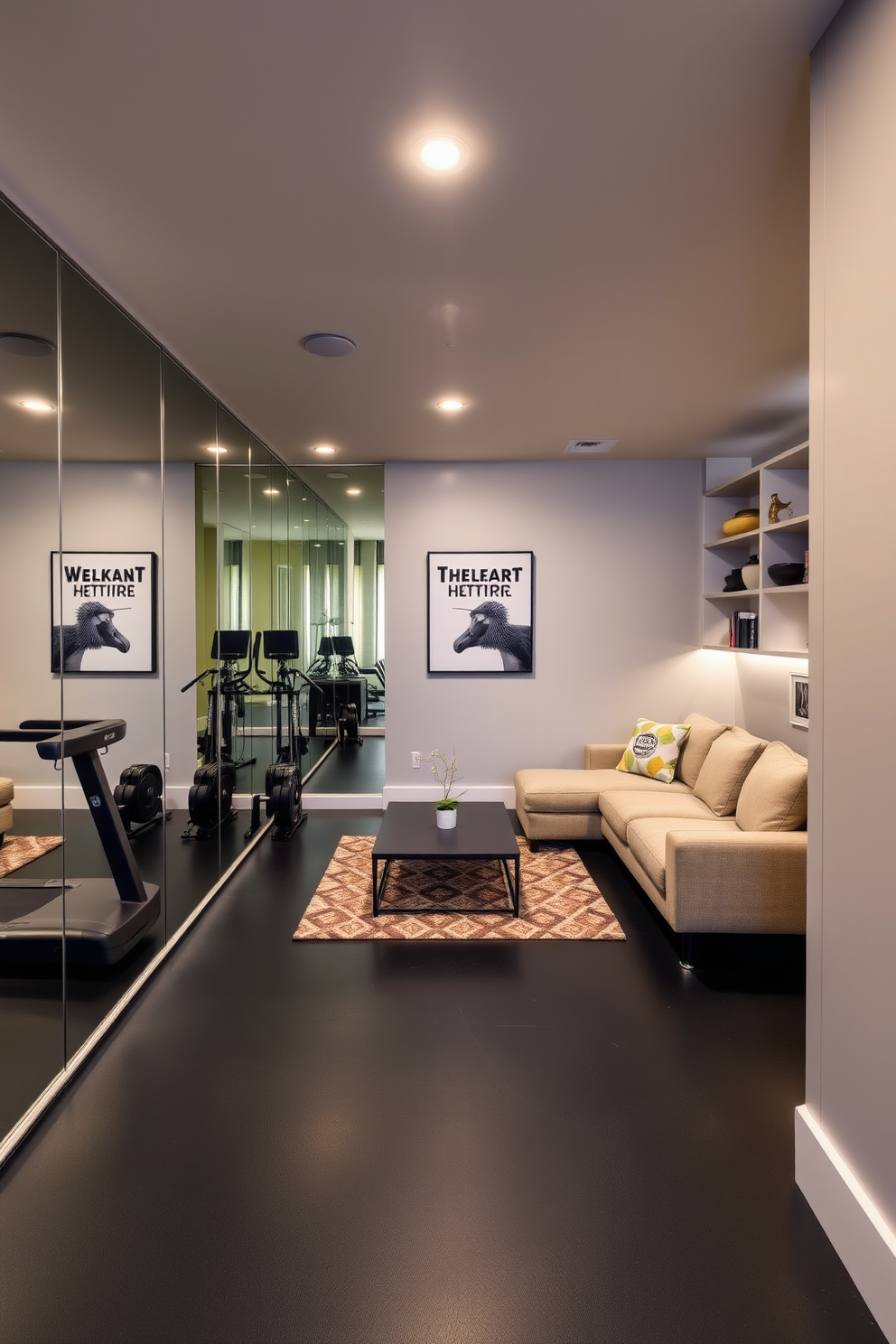 A small gym area with mirrored walls features a sleek black rubber floor and a variety of exercise equipment including a treadmill and free weights. Large mirrors reflect the space, enhancing the feeling of openness while motivational artwork adorns the walls. For small basement design ideas, envision a cozy lounge area with a plush sectional sofa and a coffee table in the center. Soft lighting fixtures create an inviting atmosphere, while built-in shelves display books and decorative items along the walls.