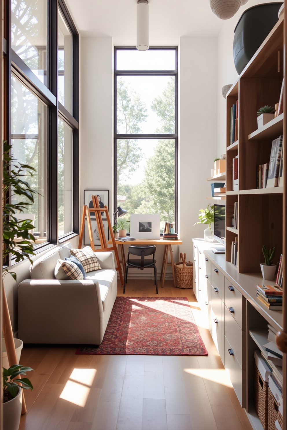 A compact art studio filled with natural light. Large windows allow sunlight to stream in, illuminating the space where easels and canvases are arranged. Small basement design ideas that maximize functionality. The layout features a cozy seating area, a small desk for work, and clever storage solutions to keep the space organized.