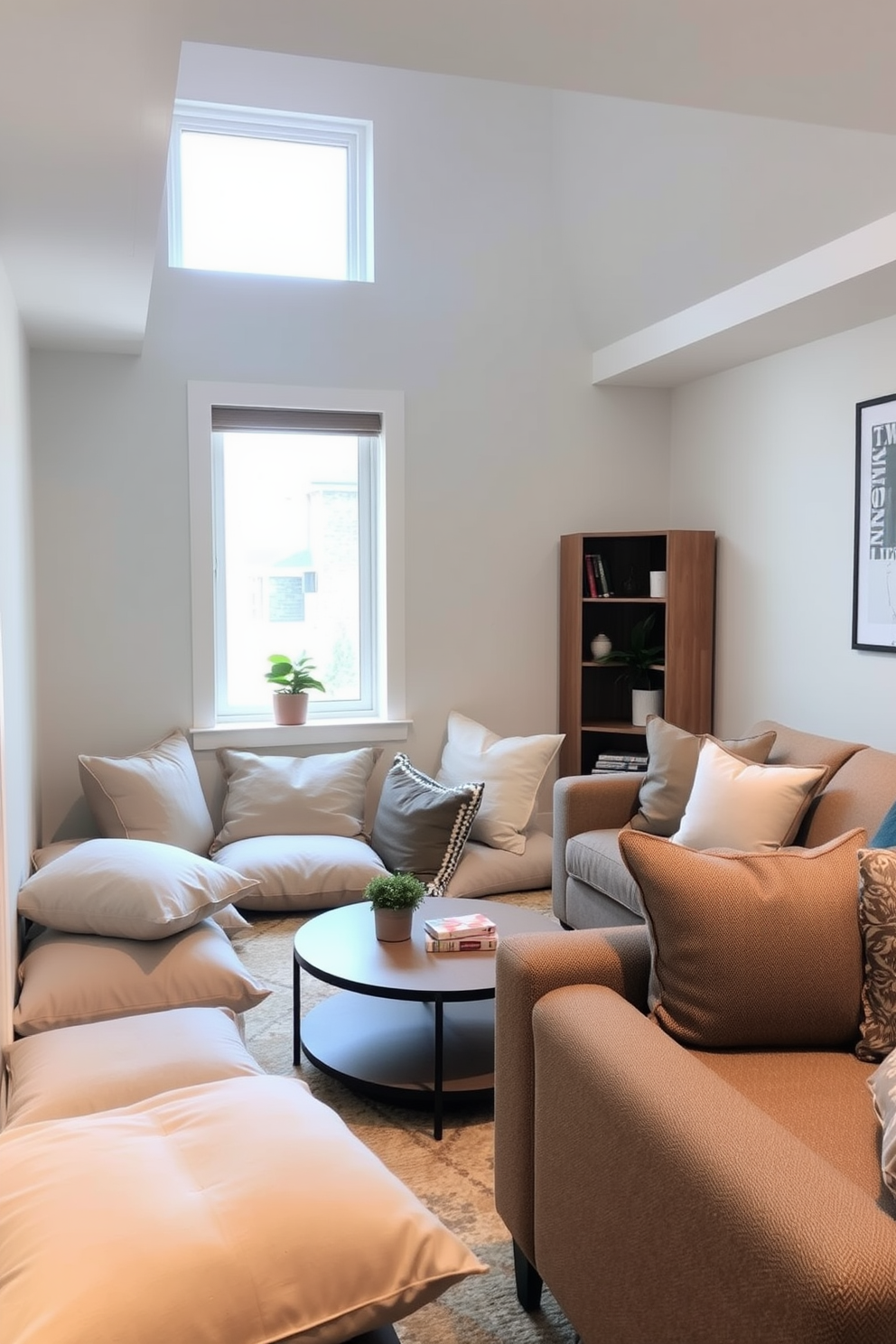 A calming meditation corner is created with an array of soft, oversized cushions in neutral tones. Natural light filters in through a nearby window, illuminating a small indoor plant placed on a simple wooden shelf. The basement design features a cozy lounge area with a plush sectional sofa and a modern coffee table. Soft ambient lighting enhances the inviting atmosphere, while a small bookshelf adds character and warmth to the space.