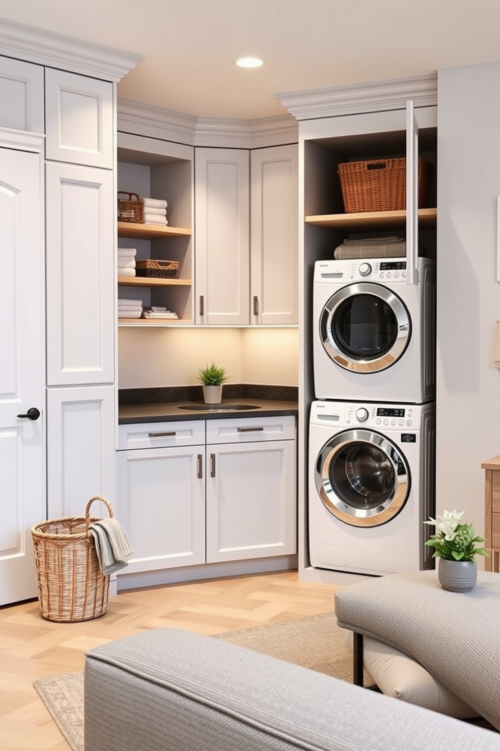 A functional laundry area designed with smart storage solutions. The space features built-in cabinetry with pull-out shelves, a countertop for folding clothes, and a stacked washer and dryer unit. The walls are painted in a light gray tone, creating a bright and airy feel. A stylish laundry basket and a small potted plant add a touch of personality to the room. Small basement design ideas focus on maximizing space while maintaining a cozy atmosphere. Incorporate multifunctional furniture such as a fold-out sofa and a compact coffee table to enhance usability.