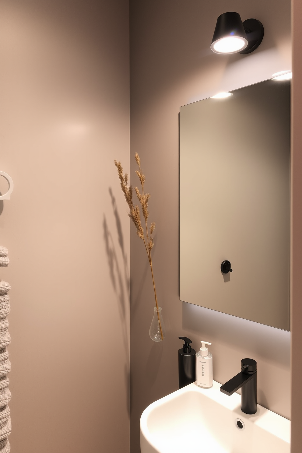 A small bathroom design featuring a sleek pedestal sink with a polished chrome faucet. The walls are painted in a soft light gray, and a large round mirror hangs above the sink reflecting natural light. Add greenery with small potted plants placed on the windowsill and a hanging planter in the corner. The floor is adorned with light wood tiles, creating a warm and inviting atmosphere.