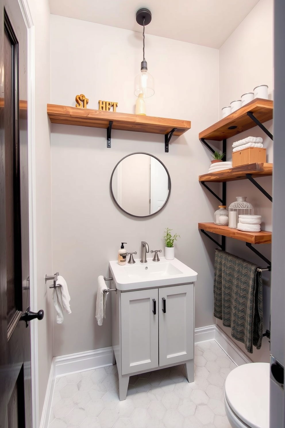 A small bathroom design featuring a colorful rug that adds a vibrant pop of color to the space. The walls are painted in a soft white, creating a bright and airy atmosphere while complementing the bold patterns of the rug. The vanity is sleek and modern, made of light wood with a minimalist sink design. Above the vanity, a round mirror with a thin black frame reflects the natural light coming in from a small window.