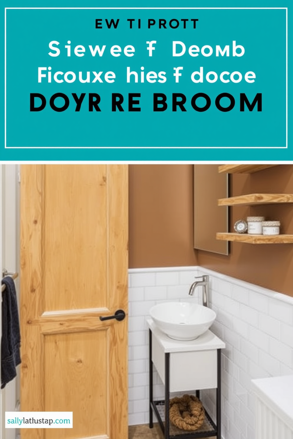 A small bathroom featuring a sliding barn door that opens to maximize space. The design includes a compact vanity with a vessel sink and a wall-mounted faucet, complemented by floating shelves for storage.