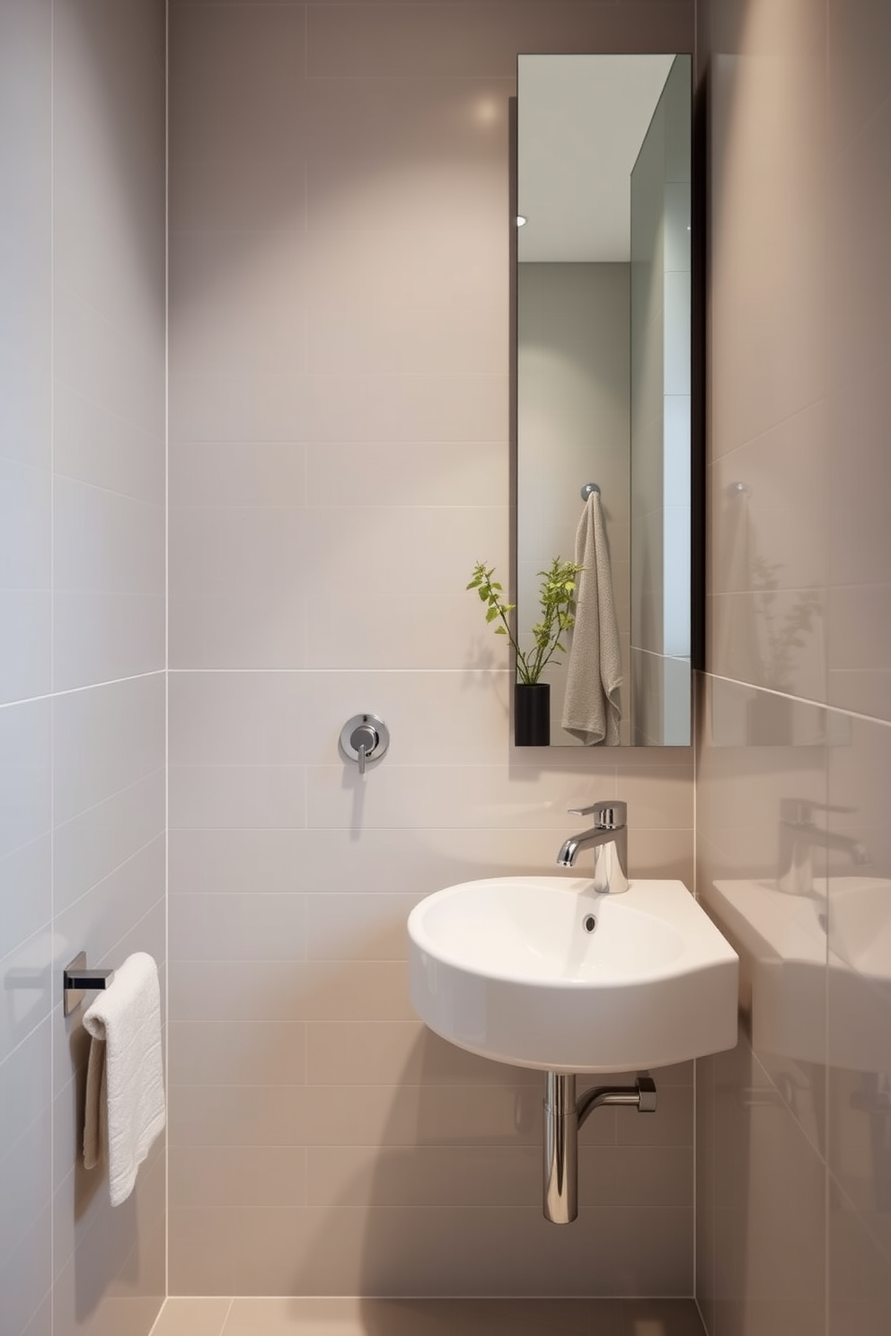 A small bathroom design featuring wall-mounted faucets that save valuable counter space. The space is adorned with sleek tiles and a minimalist aesthetic, creating an open and airy feel.