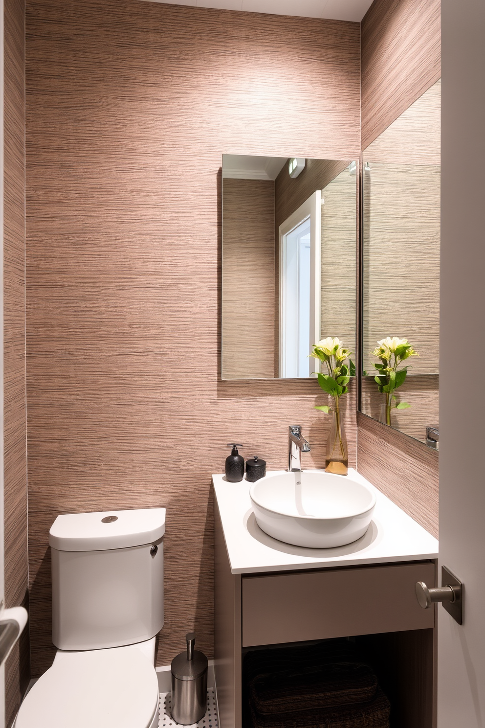 A luxurious small bathroom design featuring a freestanding bathtub elegantly positioned near a window that allows natural light to flood the space. The walls are adorned with soft gray tiles, while a sleek wooden shelf holds neatly arranged toiletries and a small potted plant. The floor is covered in light-colored wood planks, creating a warm and inviting atmosphere. A modern pendant light hangs above the bathtub, casting a gentle glow that enhances the tranquil ambiance of the room.