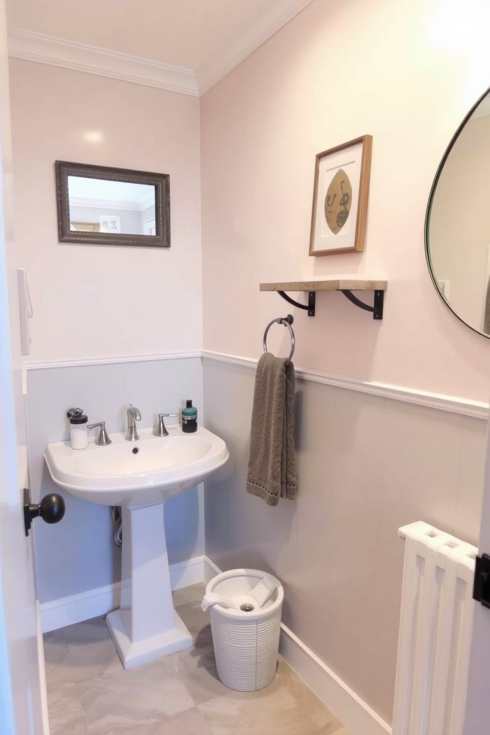 A cozy small bathroom design featuring a shower curtain that adds flexibility to the space. The walls are painted in a soft pastel color, and the floor is adorned with light gray tiles that create a calming atmosphere. A compact vanity with a sleek white sink sits against one wall, complemented by a round mirror above it. Decorative shelves on the opposite wall hold neatly arranged toiletries and small plants, enhancing the bathroom's charm.