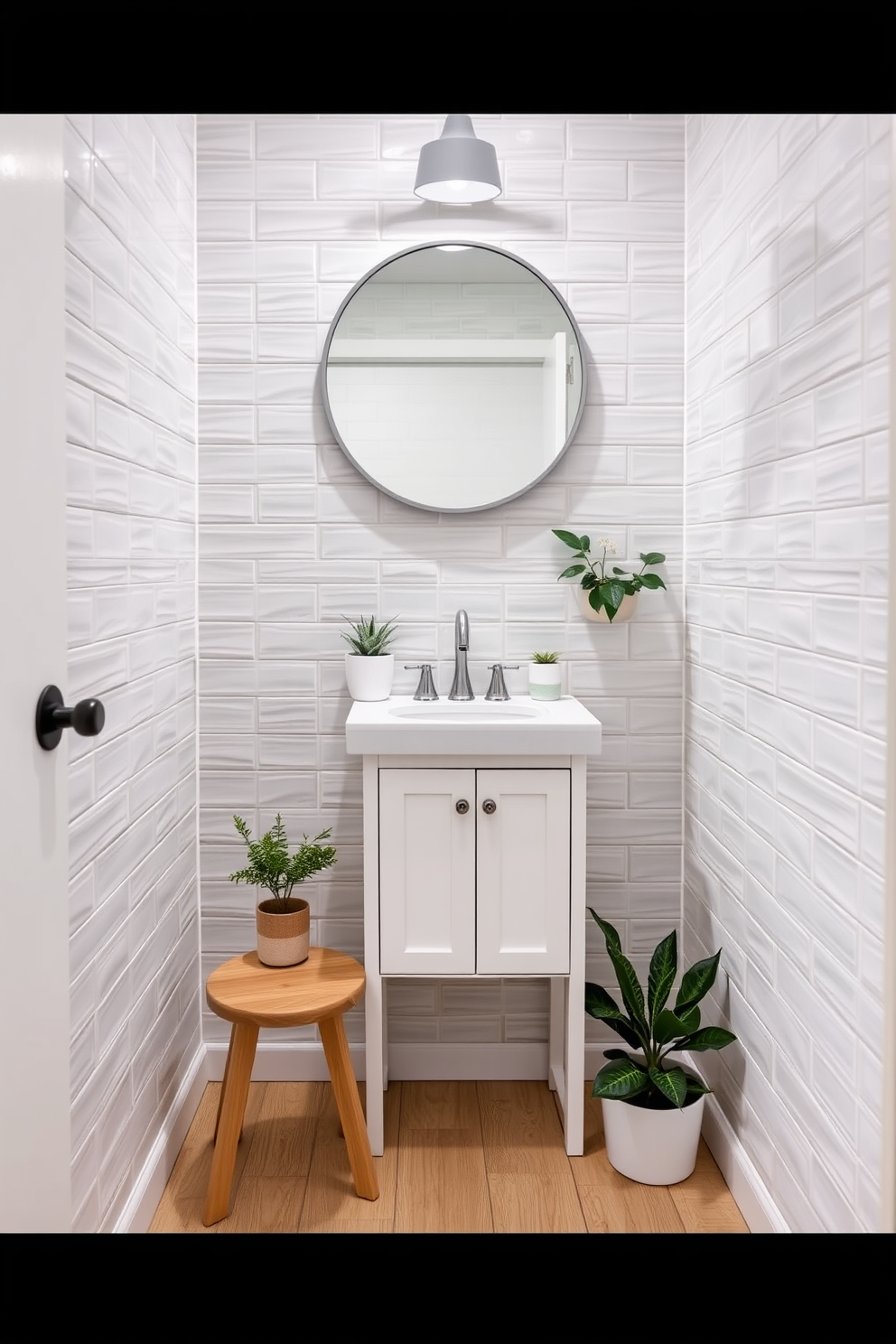 A small bathroom design featuring bold accent colors in decor. The walls are painted a vibrant teal, complemented by bright yellow towels and accessories that pop against the backdrop. A sleek white vanity with a colorful mosaic backsplash adds a modern touch. A round mirror with a striking red frame hangs above the sink, enhancing the playful aesthetic of the space.