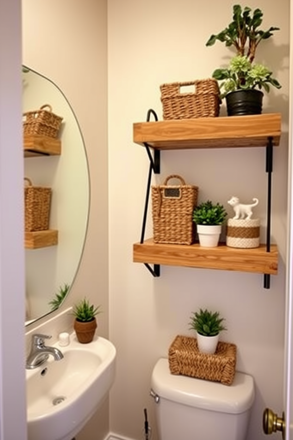 A small bathroom featuring wall-mounted shelves that provide extra storage without taking up floor space. The shelves are made of reclaimed wood and are adorned with decorative baskets and potted plants for a touch of greenery.