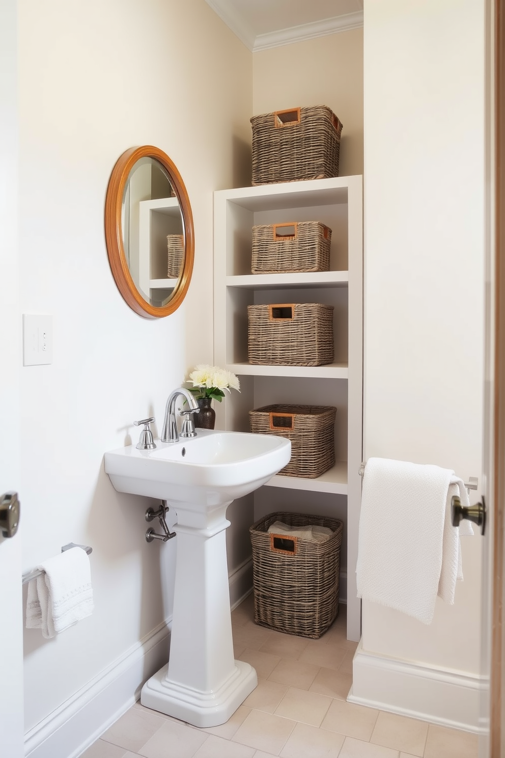 A charming small bathroom design featuring decorative baskets for stylish storage. The walls are painted in a soft pastel color, and the floor is adorned with light-colored tiles that create an airy feel. In one corner, a sleek pedestal sink is complemented by a round mirror with a wooden frame. Decorative baskets are neatly arranged on open shelving, providing both functionality and a touch of elegance.