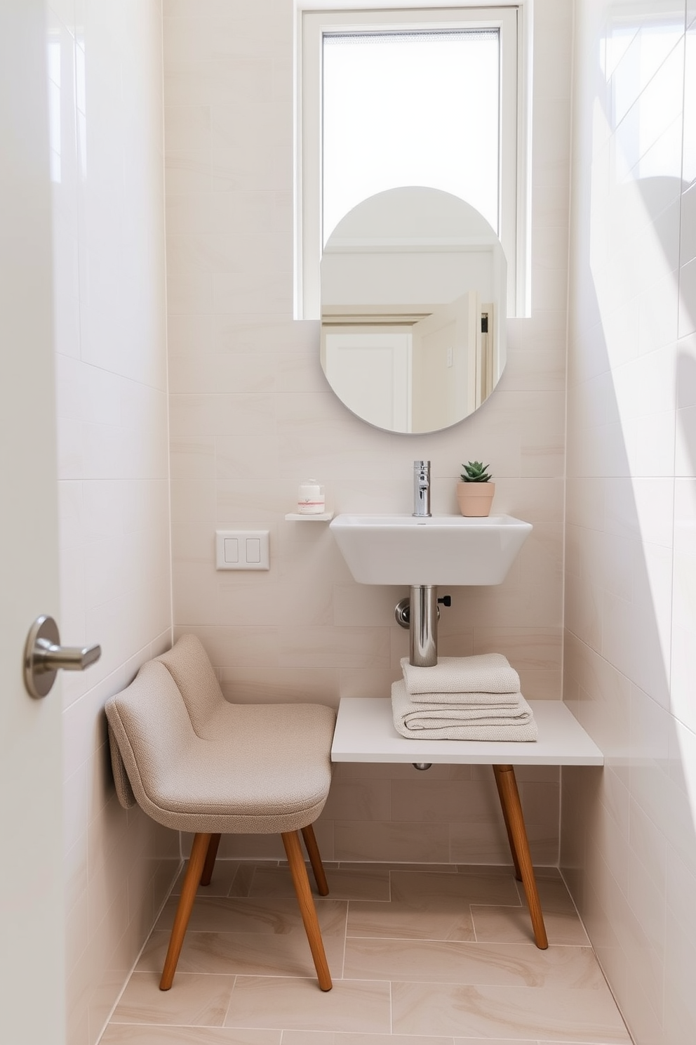 A cozy small bathroom featuring a compact layout with a stylish small bench for seating. The walls are adorned with soft, light-colored tiles, and a sleek, modern sink is mounted on a minimalist vanity. Natural light pours in through a frosted window, illuminating the space. Decorative elements include a potted plant on the bench and a set of neatly folded towels arranged beside the sink.