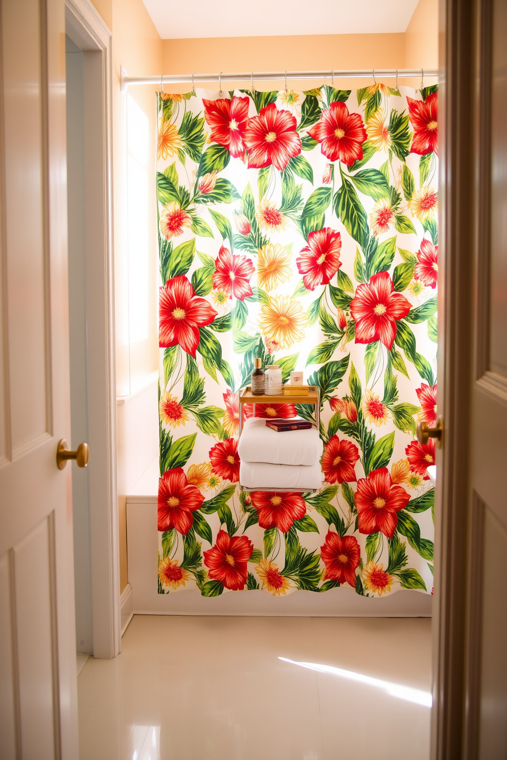 A small bathroom features a vibrant shower curtain with a tropical floral pattern that adds a pop of color to the space. The walls are painted in a light beige tone, creating a warm and inviting atmosphere while complementing the bold shower curtain design. The flooring consists of glossy white tiles that reflect natural light, making the room feel larger and brighter. A compact wooden shelf holds neatly folded towels and decorative items, enhancing both functionality and style.