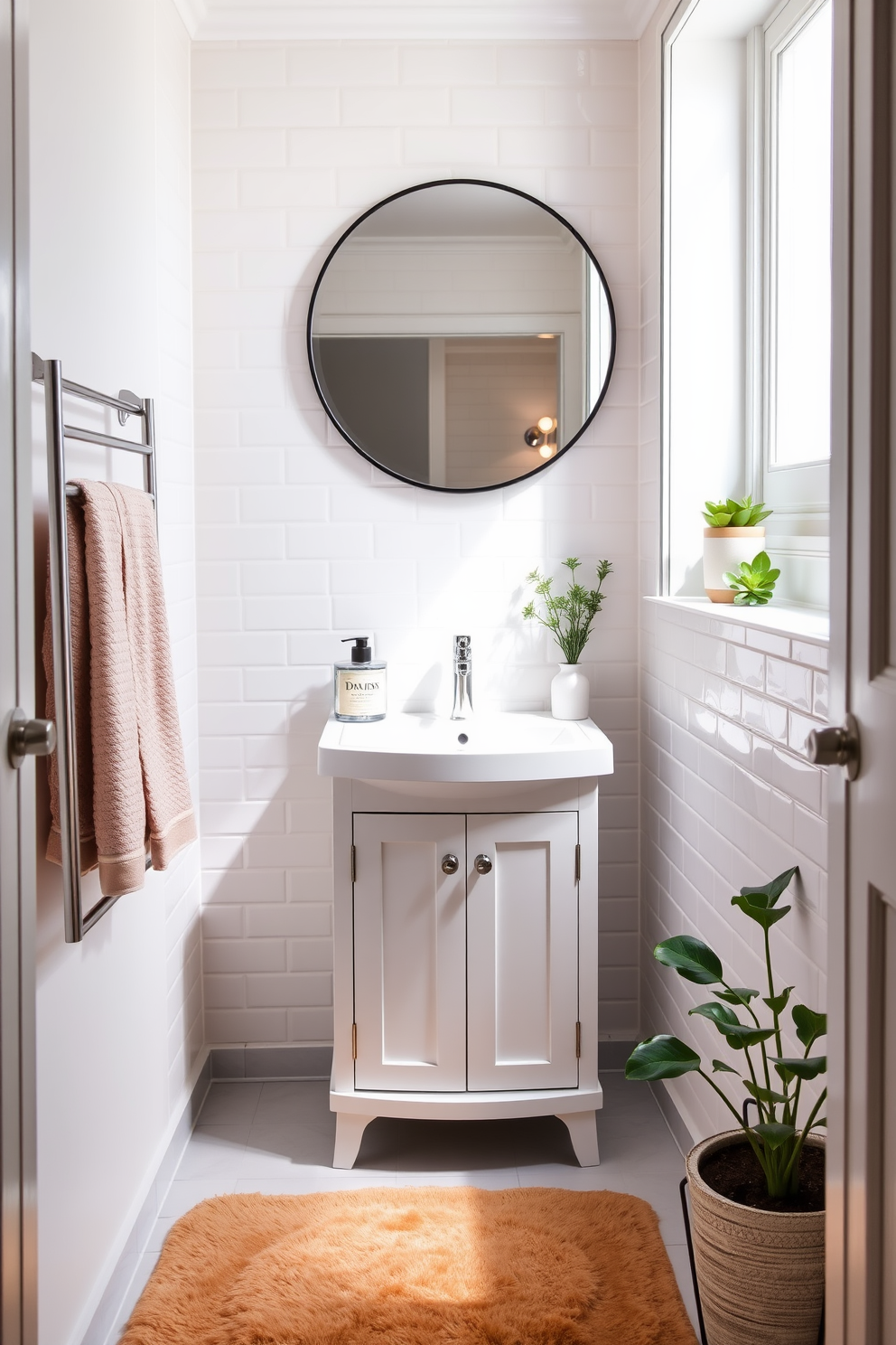 A cozy small bathroom design featuring a compact white vanity with a sleek countertop and a single sink. The walls are adorned with soft pastel tiles, and a large round mirror hangs above the vanity, reflecting the natural light coming from a small window. A plush area rug in a warm tone adds comfort underfoot, while a stylish towel rack holds neatly folded towels. A potted plant sits in the corner, bringing a touch of greenery to the space and enhancing the inviting atmosphere.