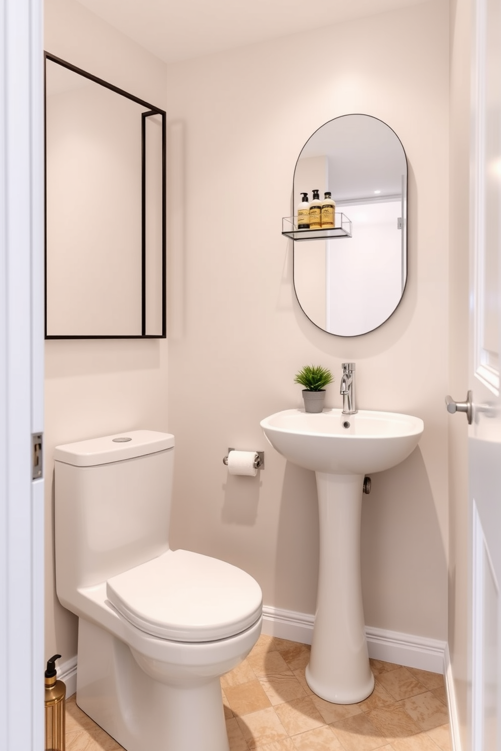 A cozy small bathroom featuring a compact design with a small ladder for towel storage placed against the wall. The space is adorned with soft pastel colors, a round mirror above the sink, and a stylish floating shelf displaying decorative items.