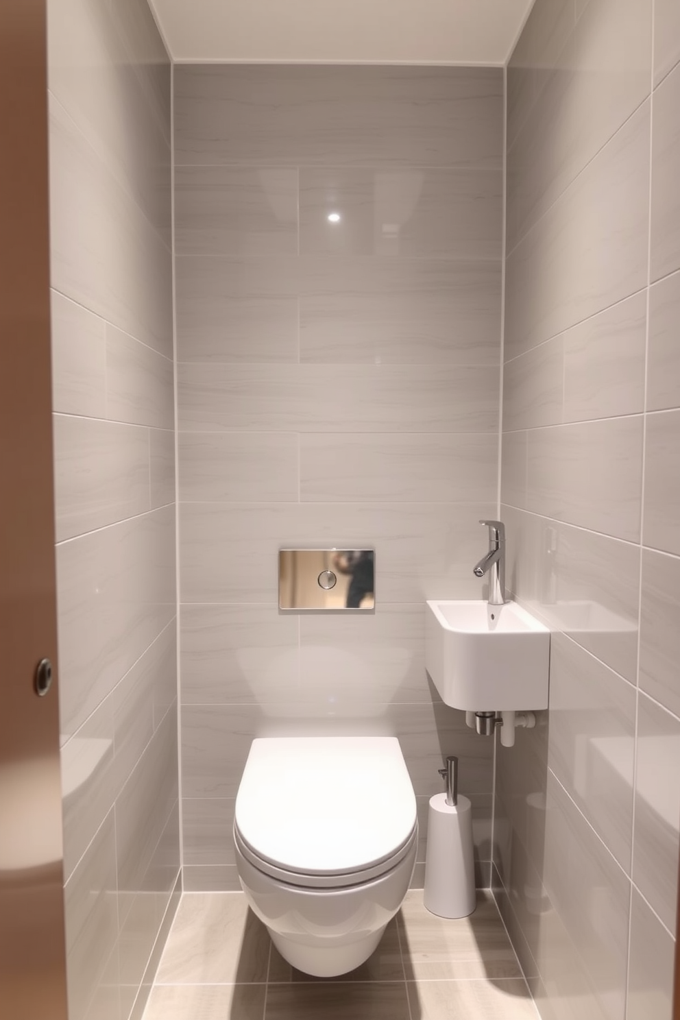 A small bathroom design featuring a unique light fixture as a focal point. The light fixture is a modern geometric design in brass, suspended from the ceiling, casting a warm glow over the space. The walls are painted in a soft pastel hue, creating a serene atmosphere. A compact white vanity with a sleek sink is positioned beneath a large round mirror, enhancing the sense of space.