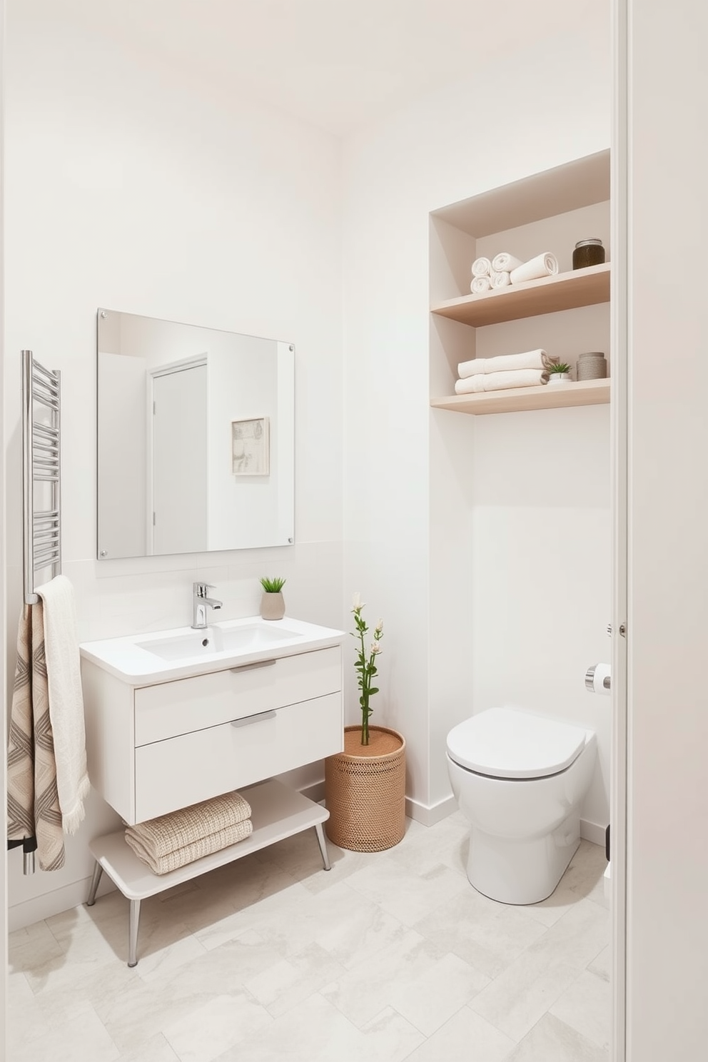 A small bathroom design featuring light colors to create an airy and expansive feel. The walls are painted in soft white with pastel accents, and the floor is covered in light gray tiles to enhance the sense of space. A compact vanity with a sleek design is placed against one wall, topped with a simple white sink. Above the vanity, a large mirror reflects light, making the room feel larger and brighter. Incorporate open shelving for storage, displaying neatly rolled towels and decorative items. A small potted plant adds a touch of greenery, bringing life to the minimalist aesthetic.