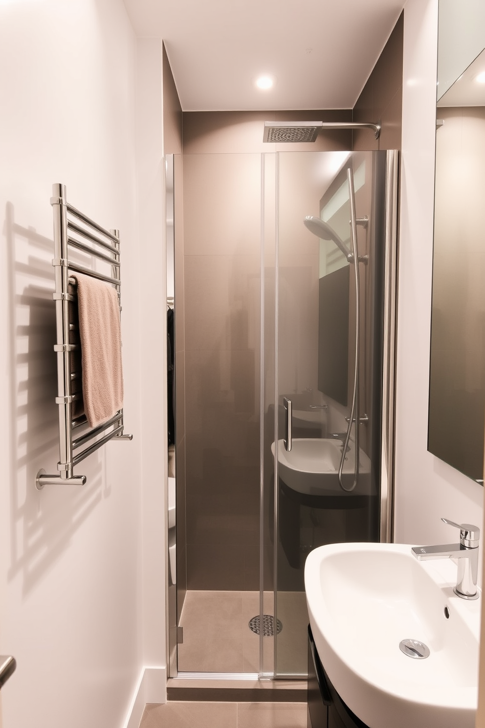 A luxurious small bathroom featuring a heated towel rack elegantly mounted on the wall. The space showcases a sleek shower enclosure with glass doors, complemented by a minimalist vanity with a stylish sink.