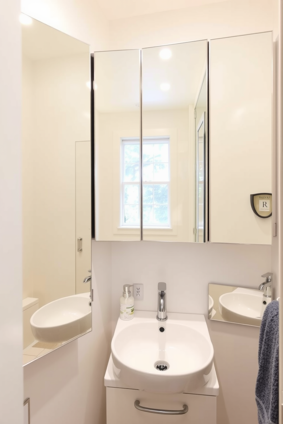 A small bathroom design featuring mirrored cabinets that reflect natural light, creating an illusion of spaciousness. The decor includes soft pastel colors on the walls and a sleek, modern sink integrated into a compact vanity.