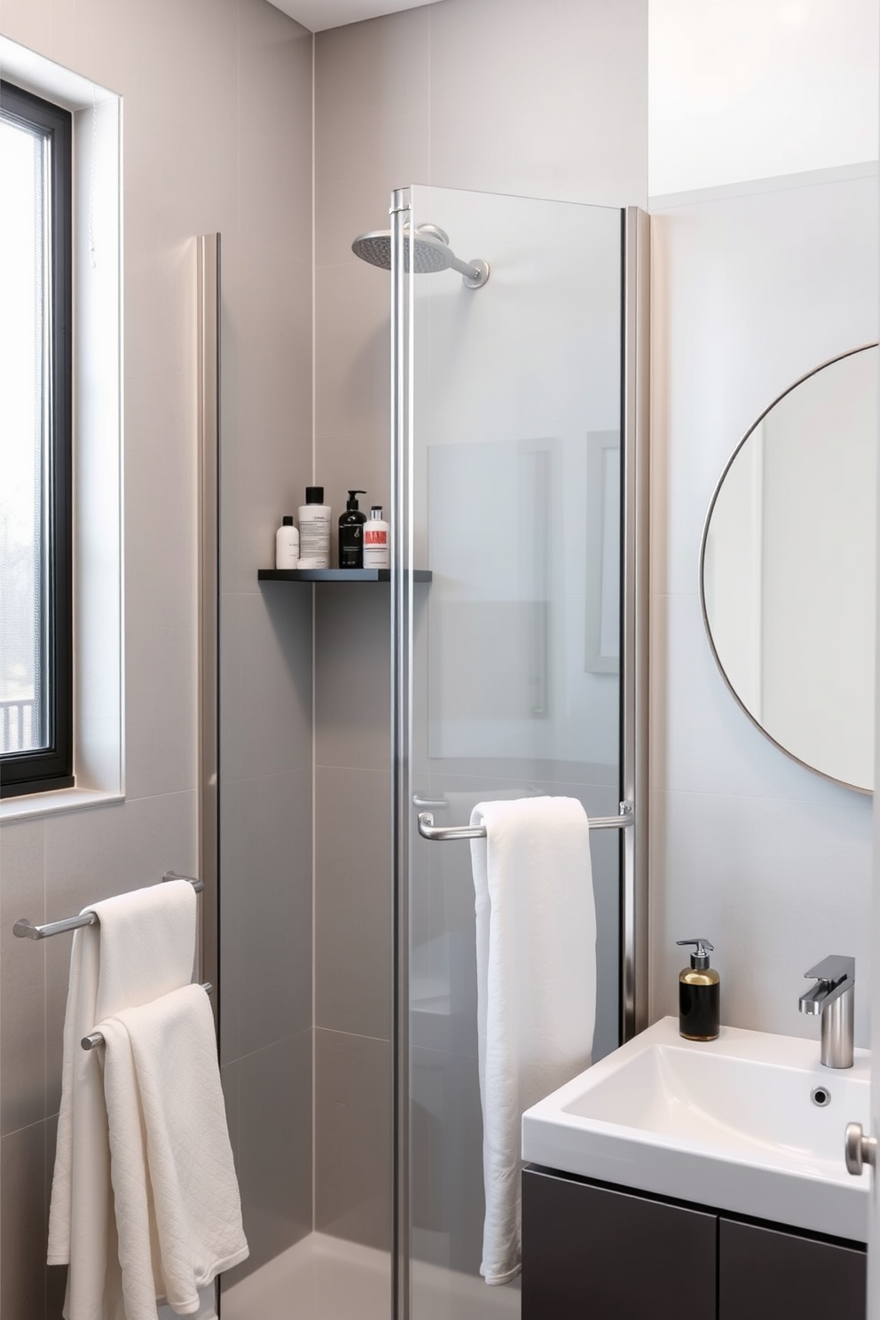 A compact shower with sleek glass doors is the focal point of this small bathroom design. The walls are adorned with light gray tiles, creating a sense of openness and tranquility. To maximize space, a floating vanity with a white sink is positioned adjacent to the shower. Above the vanity, a round mirror enhances the brightness of the room, reflecting natural light.