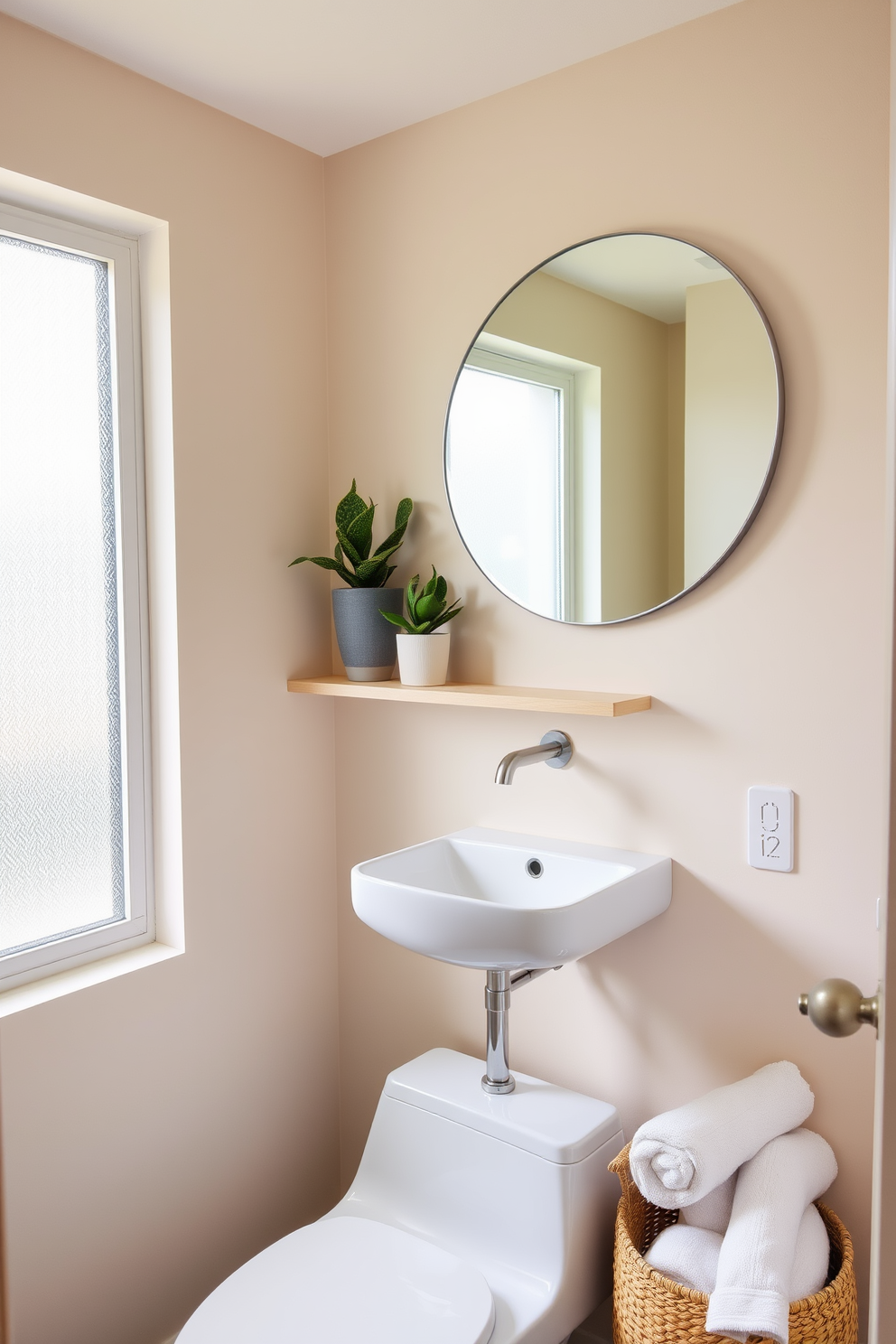 A small bathroom design featuring wall-mounted faucets that save space. The walls are adorned with light gray tiles, and a sleek floating vanity with a white sink maximizes floor space. A large mirror above the vanity creates an illusion of depth. Soft ambient lighting highlights the minimalist decor and enhances the overall modern aesthetic.