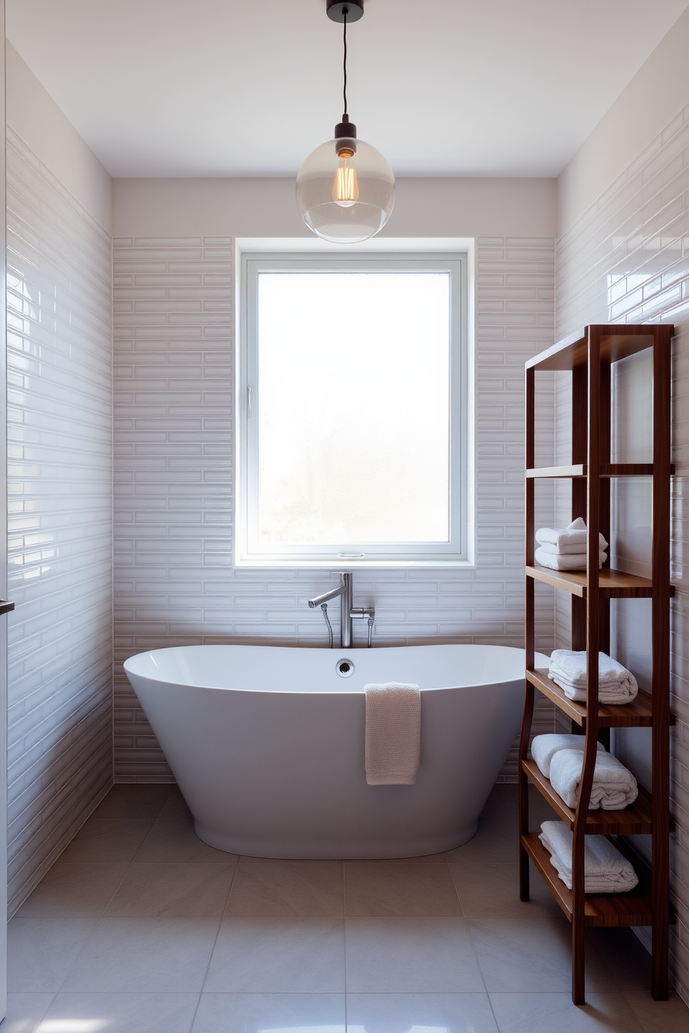 A small bathroom design featuring a large window that allows natural light to flood the space. The walls are painted in a soft white color, and the floor is adorned with light gray tiles. The centerpiece is a compact vanity with a sleek sink and a wall-mounted mirror above it. To the side, there is a stylish shower with clear glass doors and a rainfall showerhead, creating an open and airy feel.