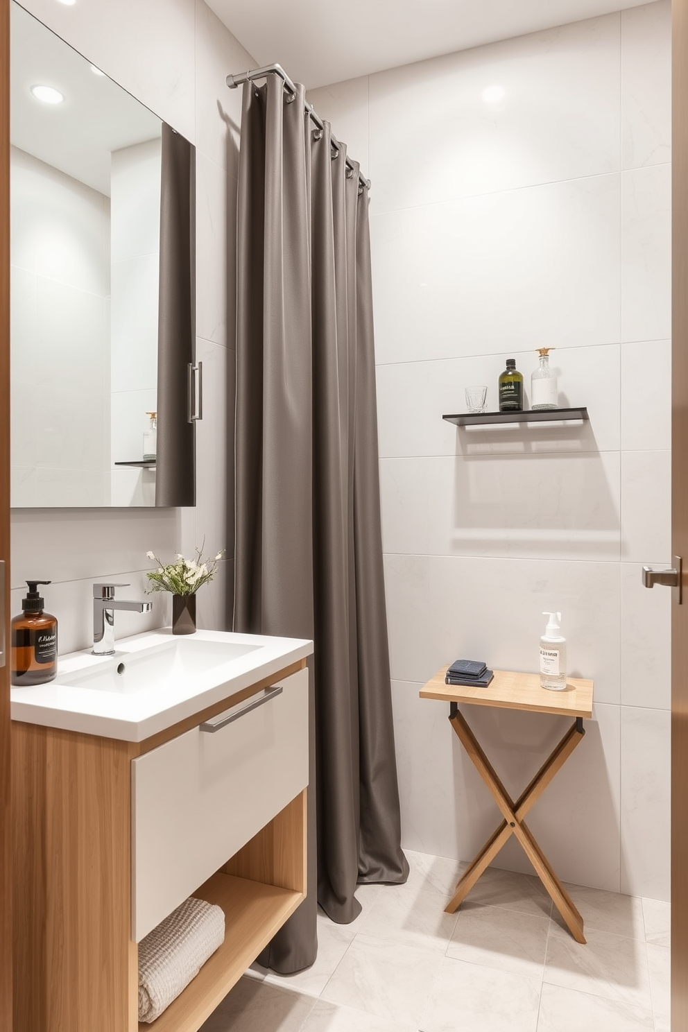 A small bathroom design featuring multi-functional furniture pieces. The space includes a compact vanity with integrated storage and a fold-down wall-mounted table for additional workspace. The walls are adorned with light-colored tiles that create an illusion of space, while a large mirror enhances the brightness. A stylish shower curtain doubles as a storage solution, and a sleek shelving unit displays decorative items and essentials.