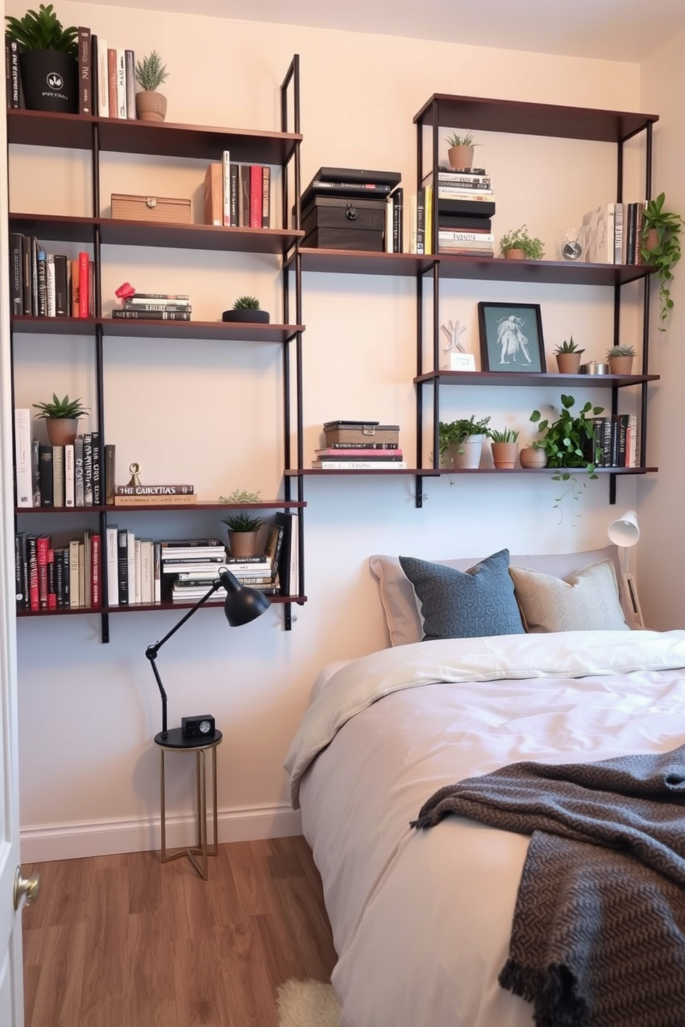 A cozy small bedroom features a wall-mounted shelving unit that extends from floor to ceiling. The shelves are filled with neatly organized books, decorative boxes, and potted plants, creating a visually appealing focal point. The bed is positioned against a light-colored wall, with soft bedding and accent pillows that add warmth. A compact nightstand beside the bed holds a stylish lamp and a small clock, maximizing the use of limited space.