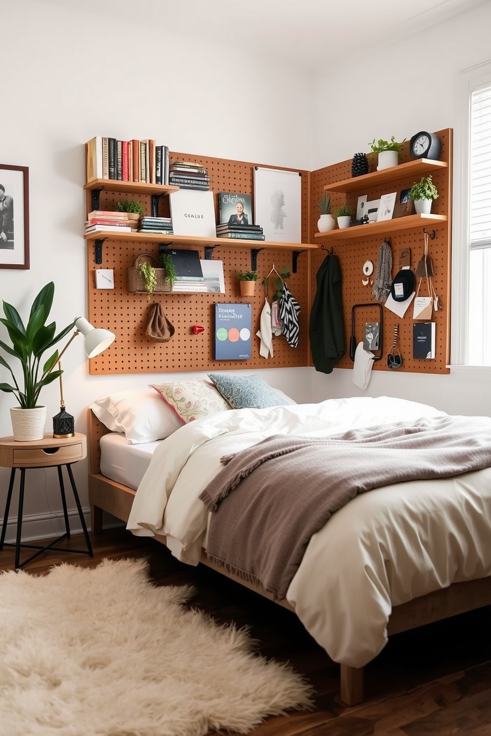 A cozy small bedroom featuring a pegboard on the wall for organization. The pegboard is adorned with hooks and shelves displaying books, plants, and personal items, creating a functional and stylish space. The bed is positioned against a light-colored wall with soft bedding and decorative pillows. A small bedside table holds a lamp and a few decorative pieces, while a plush rug adds warmth to the floor.