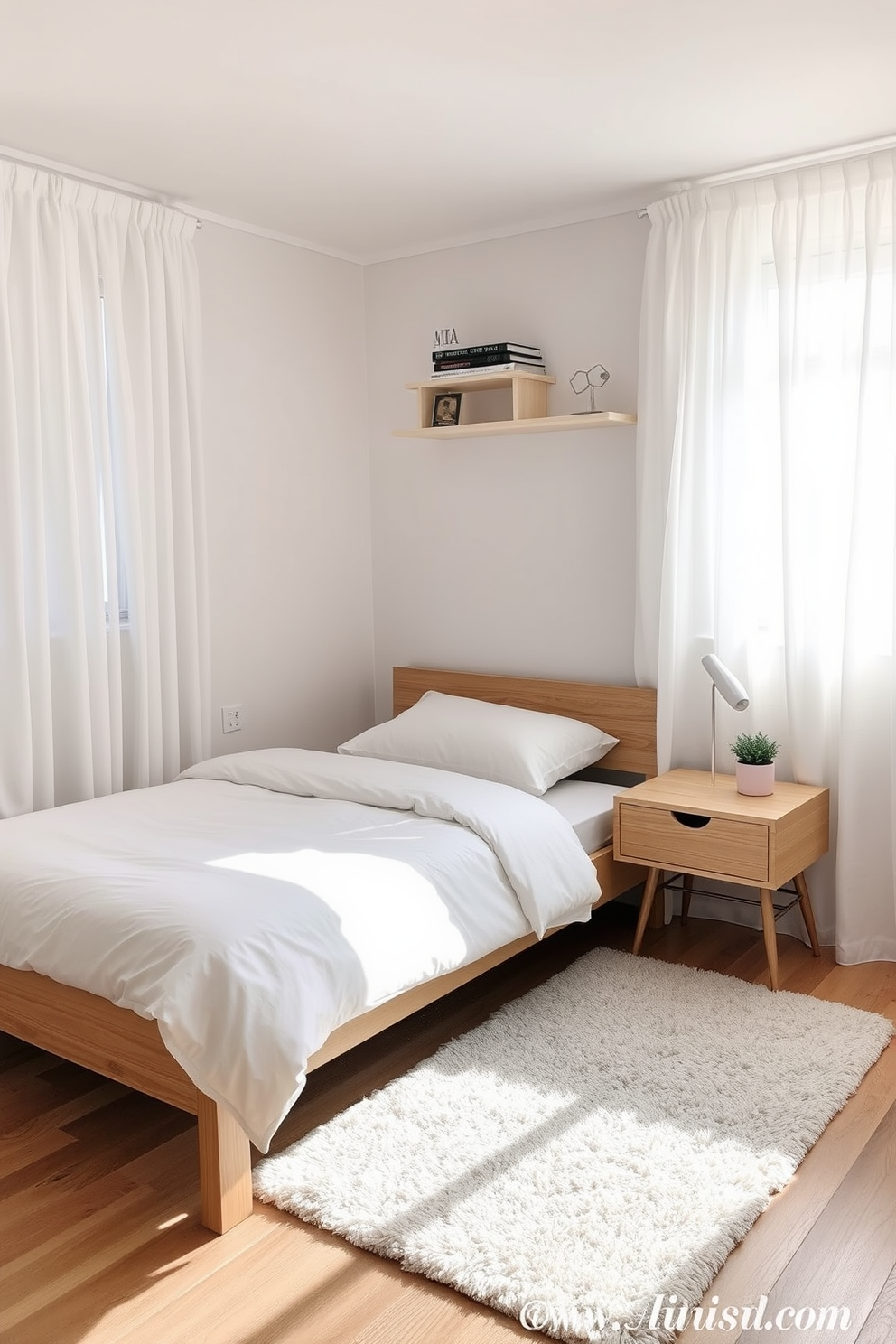 A minimalist small bedroom design features a low-profile bed with a simple wooden frame and crisp white bedding. The walls are painted in a soft neutral tone, and natural light floods the room through sheer curtains, enhancing the serene atmosphere. A small nightstand with a single drawer sits beside the bed, topped with a modern lamp and a small potted plant. The floor is adorned with a plush area rug that adds warmth, while a wall-mounted shelf displays a few carefully curated books and decorative items.