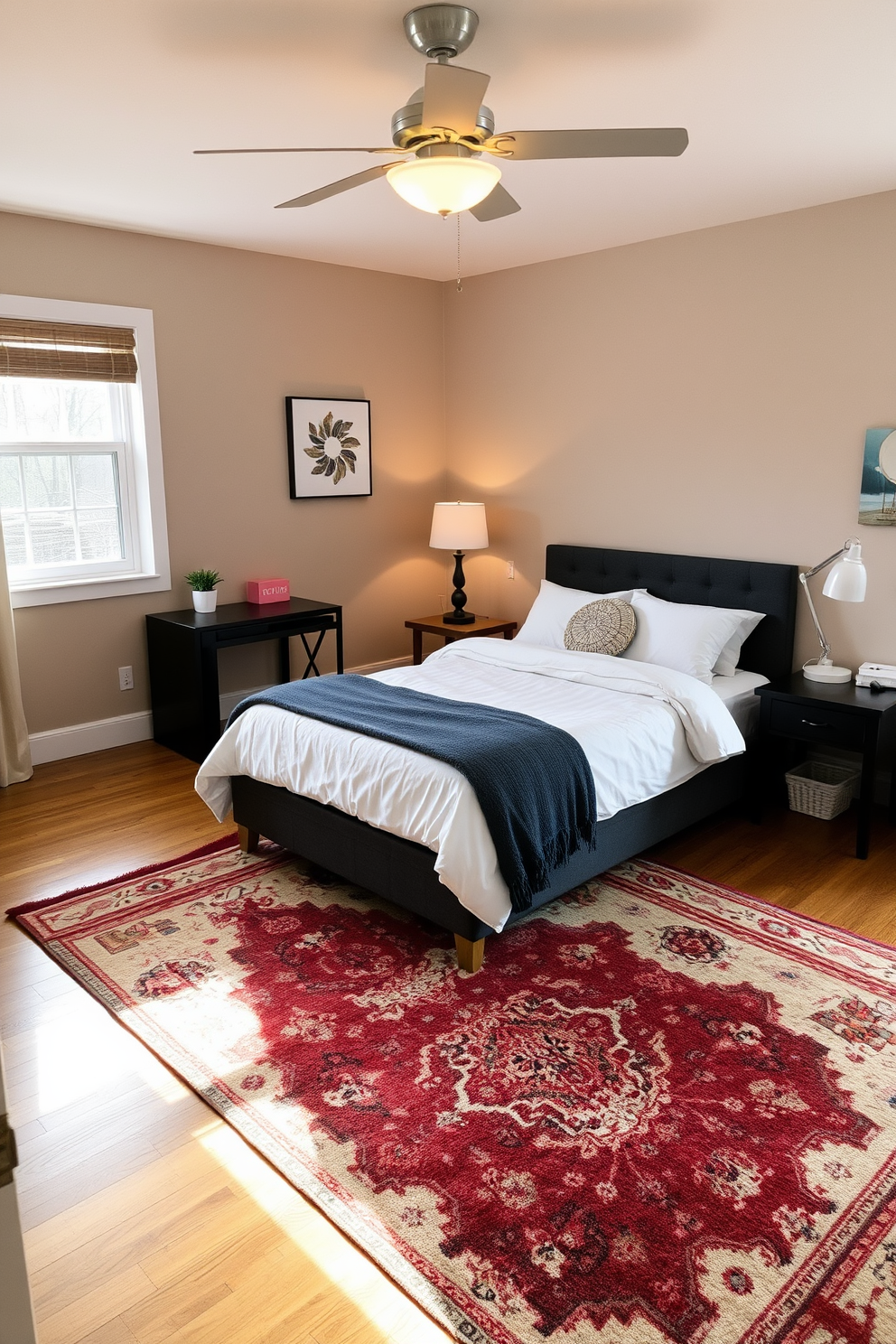 A cozy small bedroom featuring a plush bed with a high headboard upholstered in soft gray fabric. The walls are painted in a light pastel shade, and a delicate bedside table with a stylish lamp sits on either side of the bed. Incorporate a compact dresser against one wall, topped with decorative items and a mirror. A warm area rug lies beneath the bed, adding texture and comfort to the space.