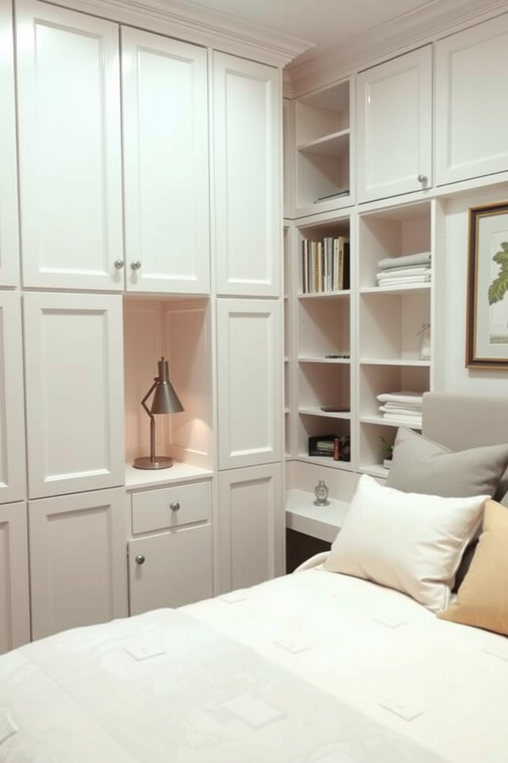 A cozy small bedroom featuring decorative baskets for organized storage. The walls are painted in a soft pastel color, and a plush bed with layered bedding is positioned against one wall. In one corner, a stylish nightstand holds a small lamp and a few books. Decorative baskets are placed under the bed and beside a chair, providing a chic solution for keeping the space tidy.