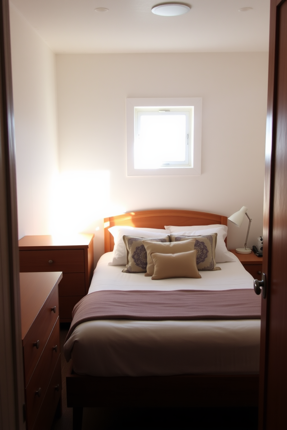 A cozy small bedroom with a light-colored ceiling that enhances the sense of space. The walls are painted in a soft pastel hue, complemented by a plush bed adorned with textured pillows and a warm throw. Natural light pours in through sheer curtains, creating a bright and airy atmosphere. A small bedside table holds a stylish lamp and a few decorative items, adding personality to the room.