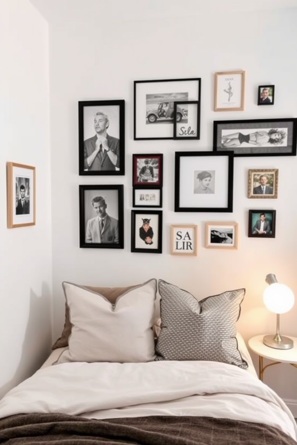 Create a gallery wall featuring a mix of framed art, photographs, and personal mementos. The wall is painted in a soft white color to enhance the brightness of the small bedroom. Incorporate a cozy bed with neutral bedding and decorative pillows for added texture. Use a small bedside table with a stylish lamp to complete the intimate atmosphere.